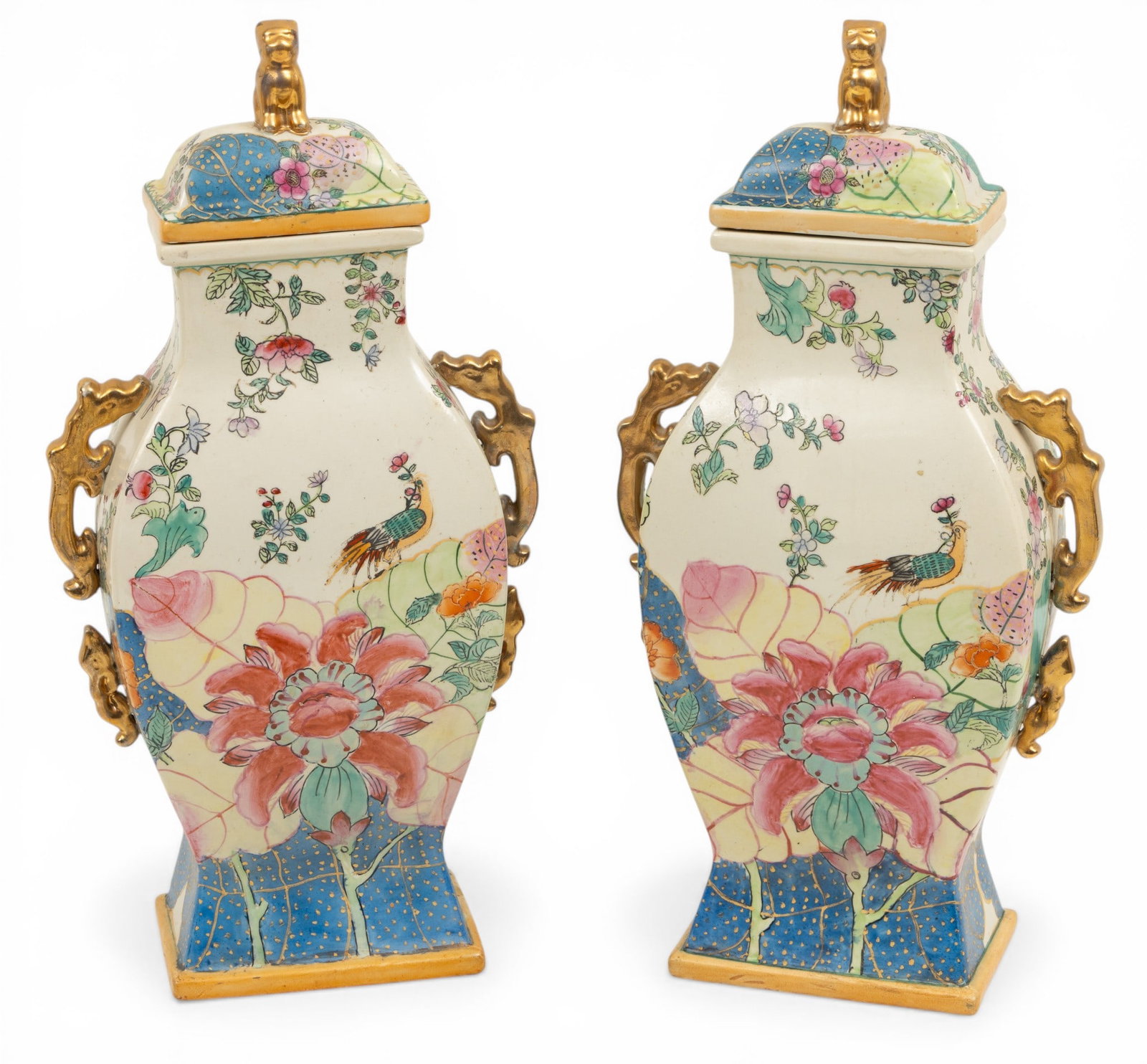Mottahedeh (Portuguese) Porcelain Covered Urns 'Tobacco Leaf', H 19" W 11" L 5" 1 PAIR (1 of 5)