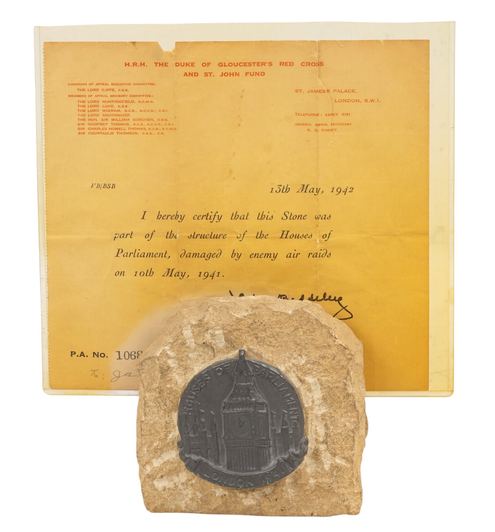 Stone from the Houses of Parliament Damaged in WWII H 5" W 5" Depth 2.5": Stone from the Houses of Parliament Damaged in WWII H 5" W 5" Depth 2.5" Stone Letter Holder, constructed from a fragment from the English Houses of Parliament. Recovered from a May 10th, 1941 air rai