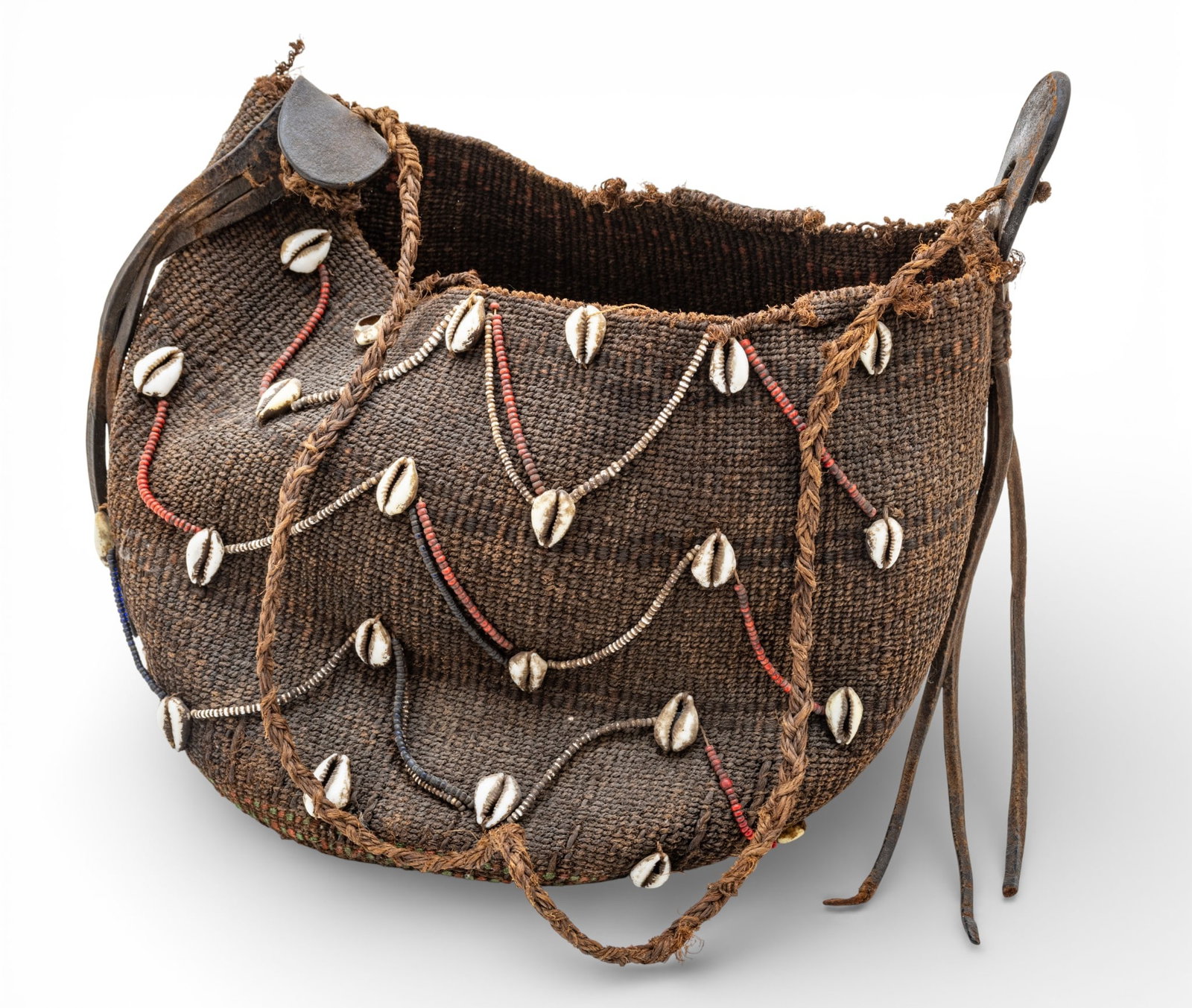 African Woven Bag with Cowry Shells H 11" W 13" Depth 7" (1 of 7)