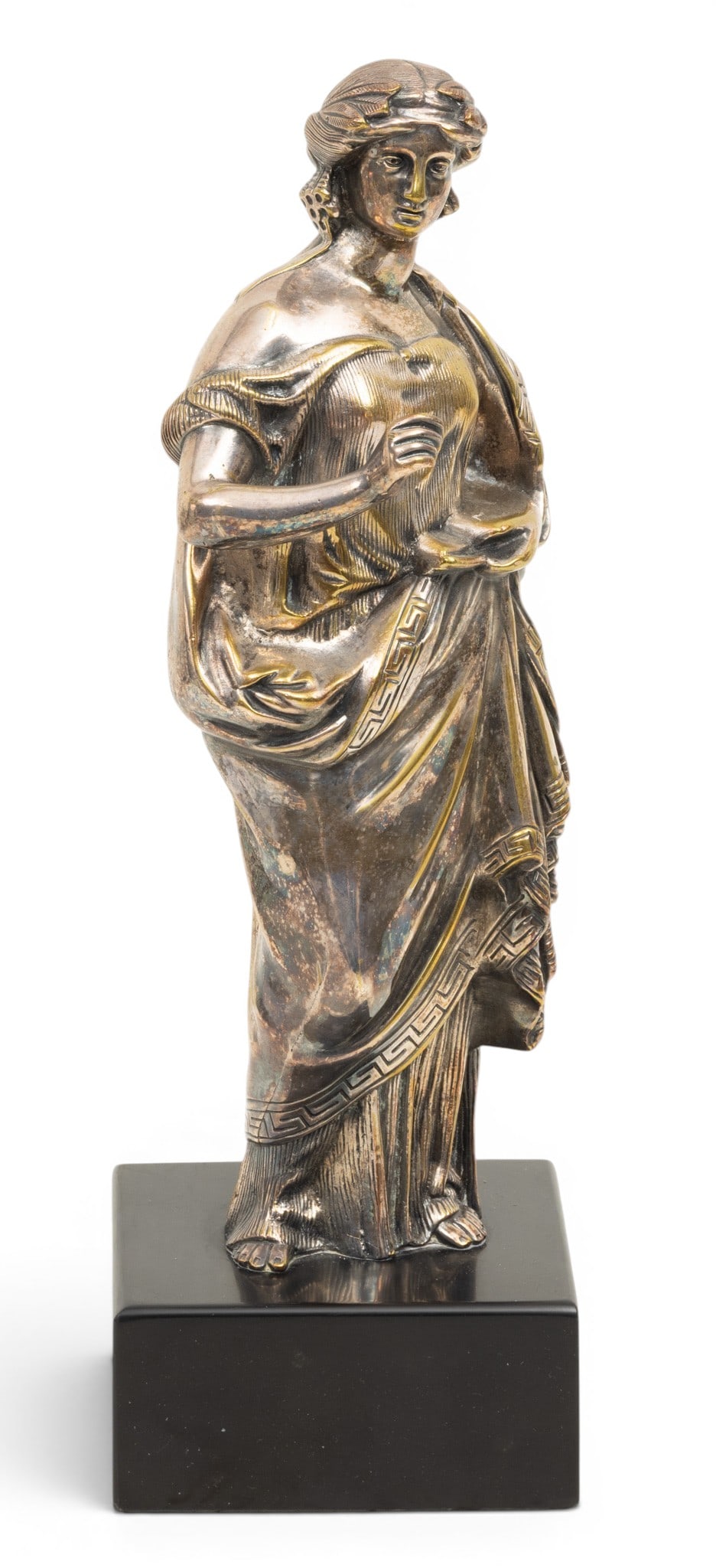 Silvered Metal Greco-Roman Style Statue H 11.5" W 4" Depth 2.5": Silvered Metal Greco-Roman Style Statue H 11.5" W 4" Depth 2.5" Marble base: H 2" W 4.5". Provenance: Property from a West Bloomfield, MI private collector Dimensions: H 11.5" W 4" Depth 2.5"