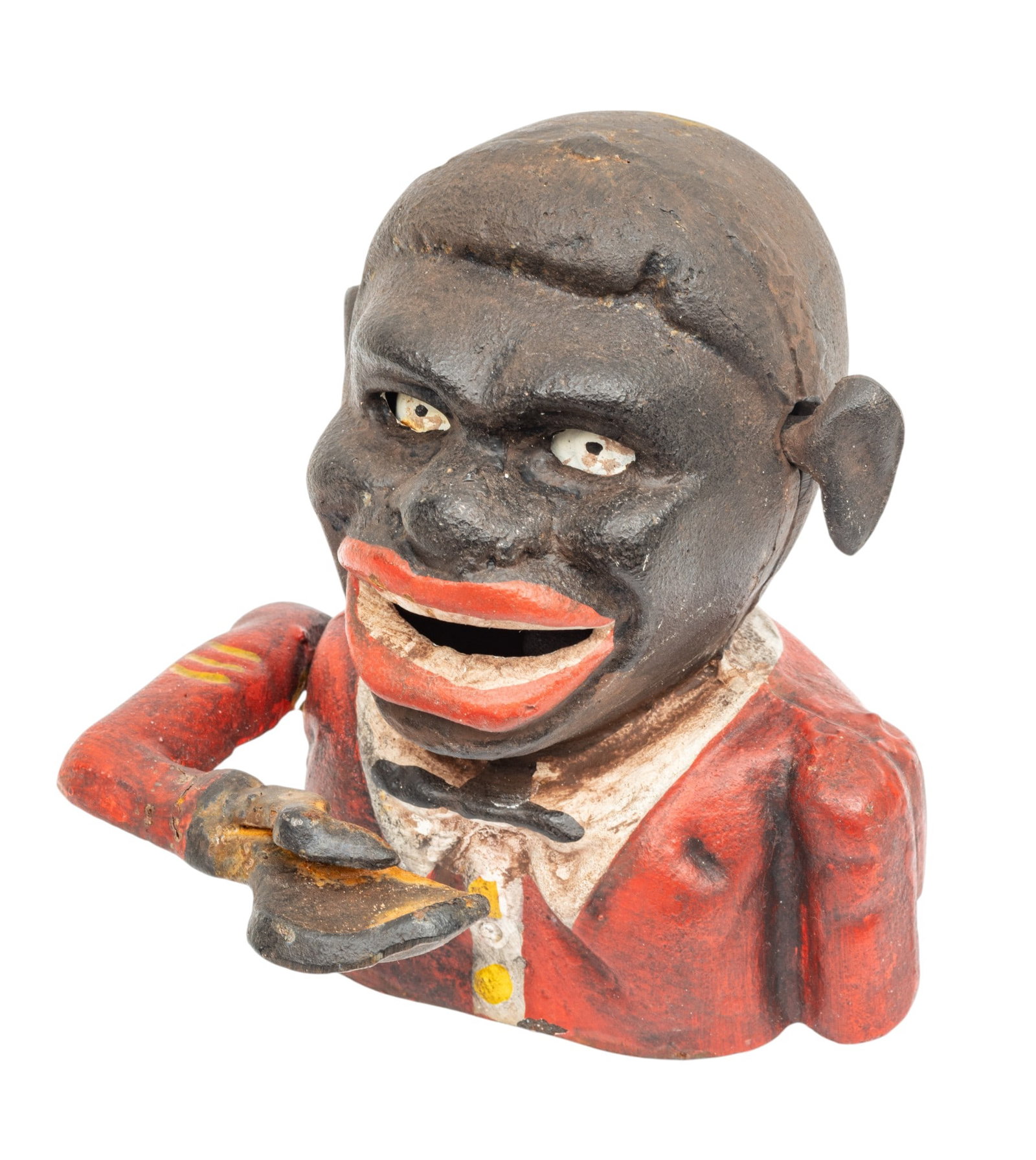 Antique Iron Mechanical Bank, Black Americana H 5.7" 1 PC: Antique Iron Mechanical Bank, Black Americana H 5.7" 1 PC Ears move. Hand moves to mouth. Eyes move. Original paint. Red jacket, black bow tie. Provenance: Property from a Milford, MI private
