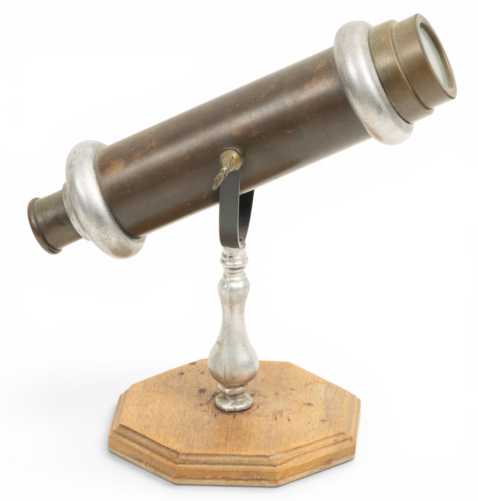 Brass and Pewter Kaleidoscope Mounted on Wood Base, H 10" L 11" (1 of 4)