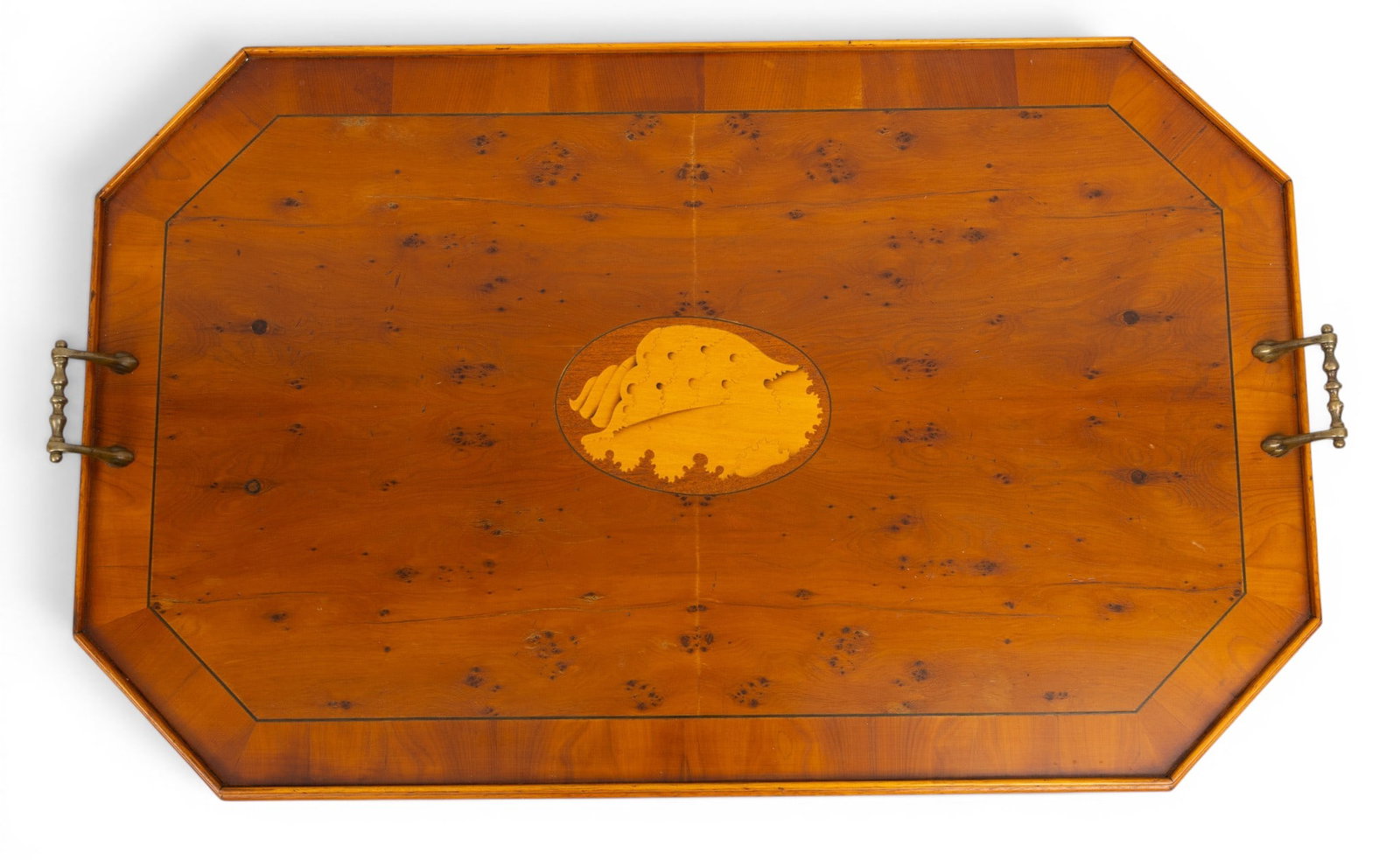 Double Handled Inlaid Yew Wood Tray, W 19" L 32" (1 of 4)