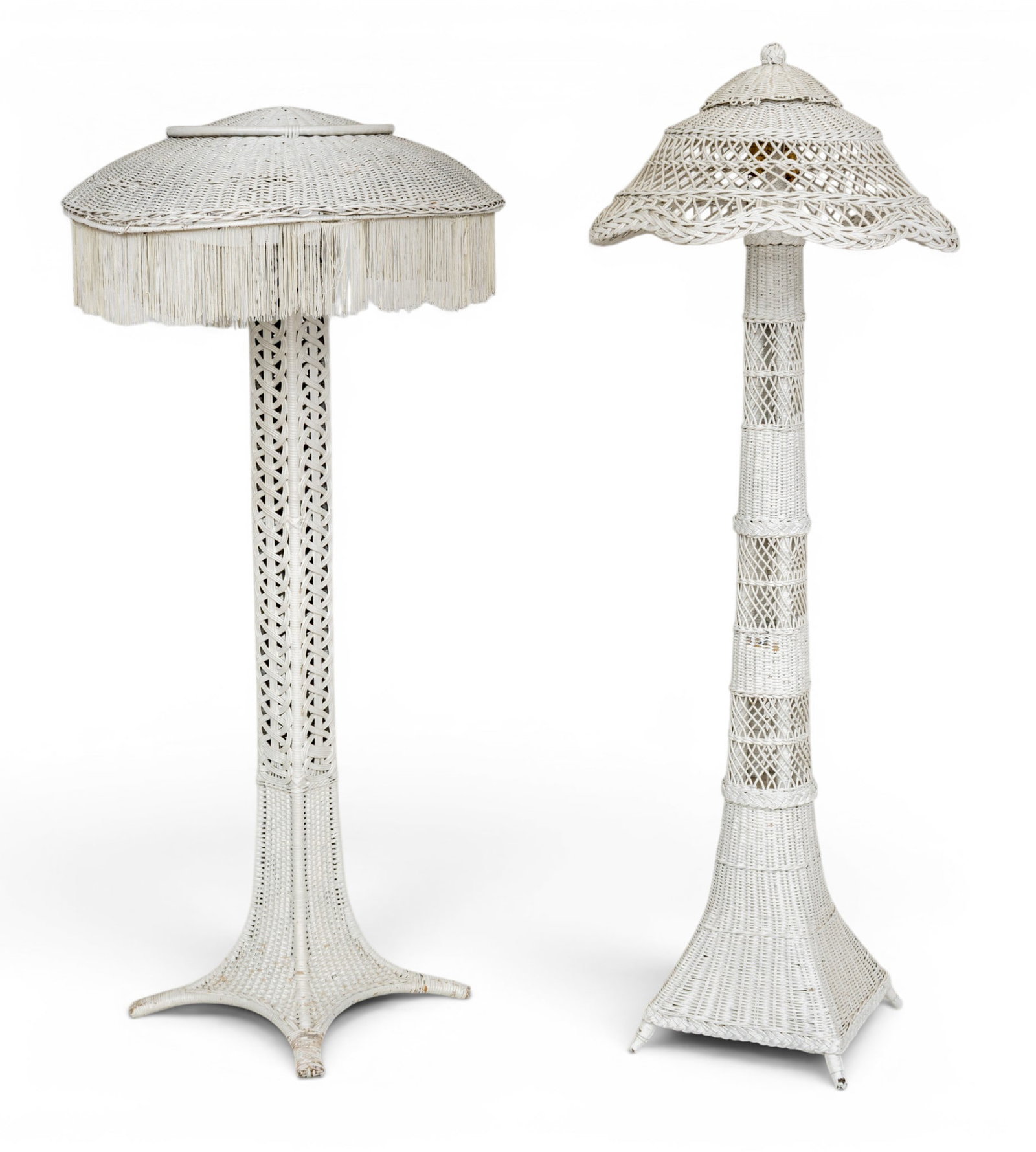 Painted Rattan Floor Lamps, 20th C., 2 PCS: Painted Rattan Floor Lamps, 20th C., 2 PCS Both lamps woven rattan, painted white. (1.) Having a figure-8 style weaving at the central column. Dome shade with fabric tassels. Electrified with four