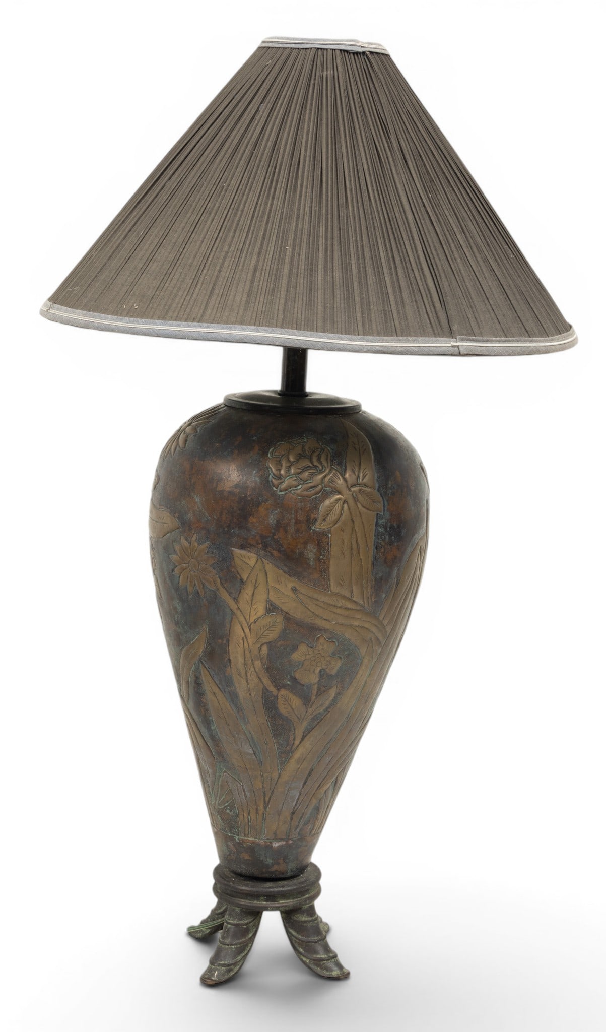 Maitland Smith (English) Art Nouveau Style Bronze Lamp, H 36" Dia. 20": Maitland Smith (English) Art Nouveau Style Bronze Lamp, H 36" Dia. 20" Vase form body decorated with lower relief flower and leaf designs. Atop four organic form feet. Electrified with a single socket