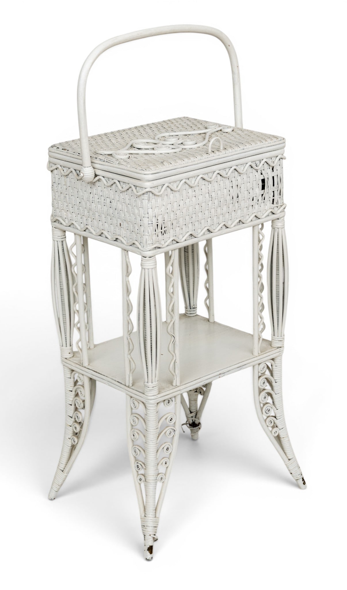 Painted Rattan and Wicker Sewing Stand, H 28" W 16" Depth 12.75" (1 of 4)