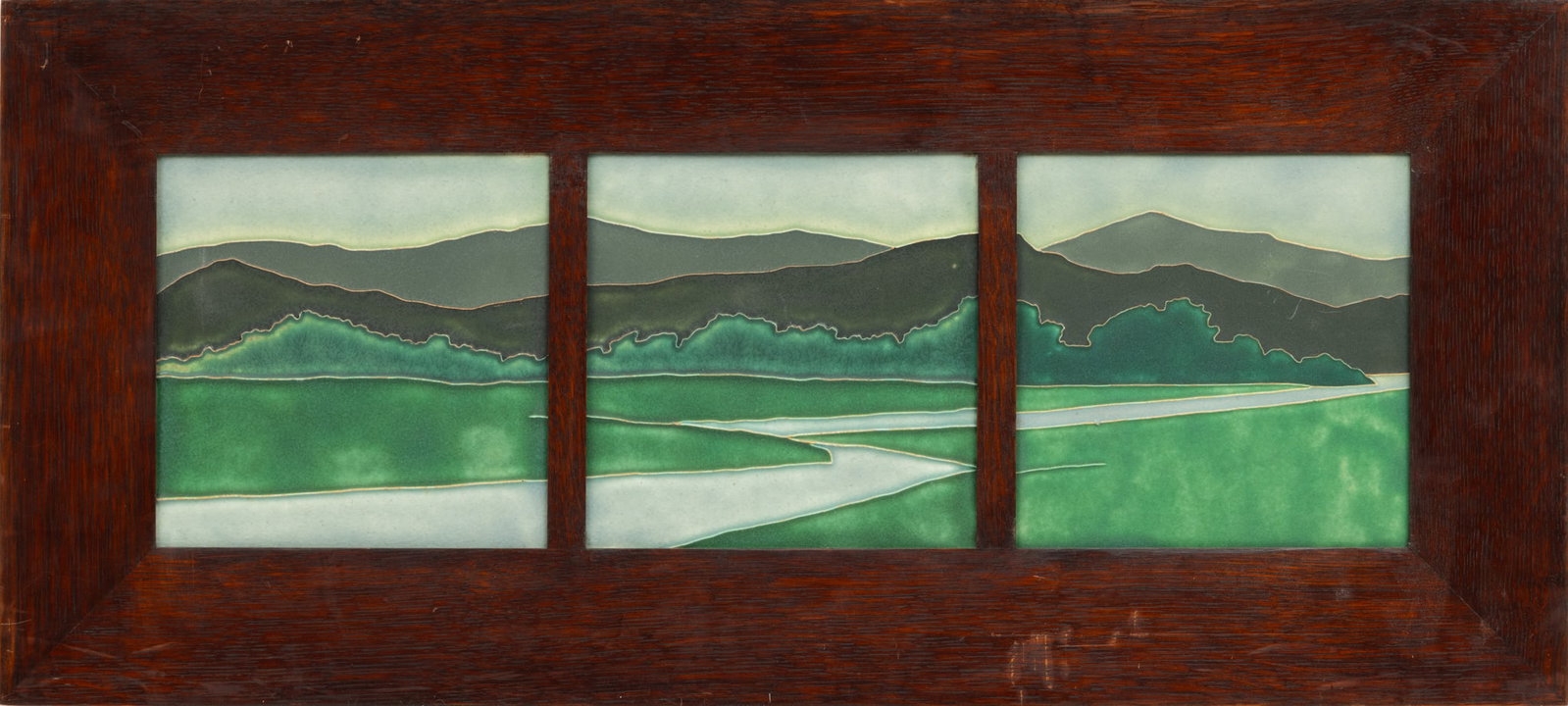 Motawi Tileworks (Ann Arbor, MI) Arts and Crafts Style Framed Art Tile Triptych, Riverscape, H 13.5" (1 of 8)