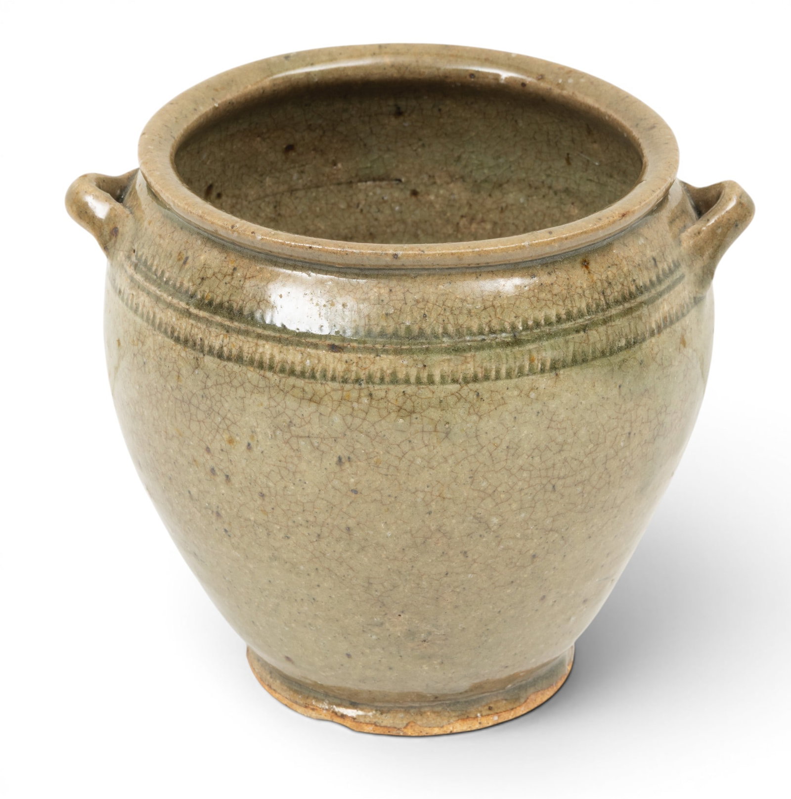 North Carolina Stoneware Pottery Double Handled Jar 19th C., H 6" Dia. 7.5" (1 of 5)