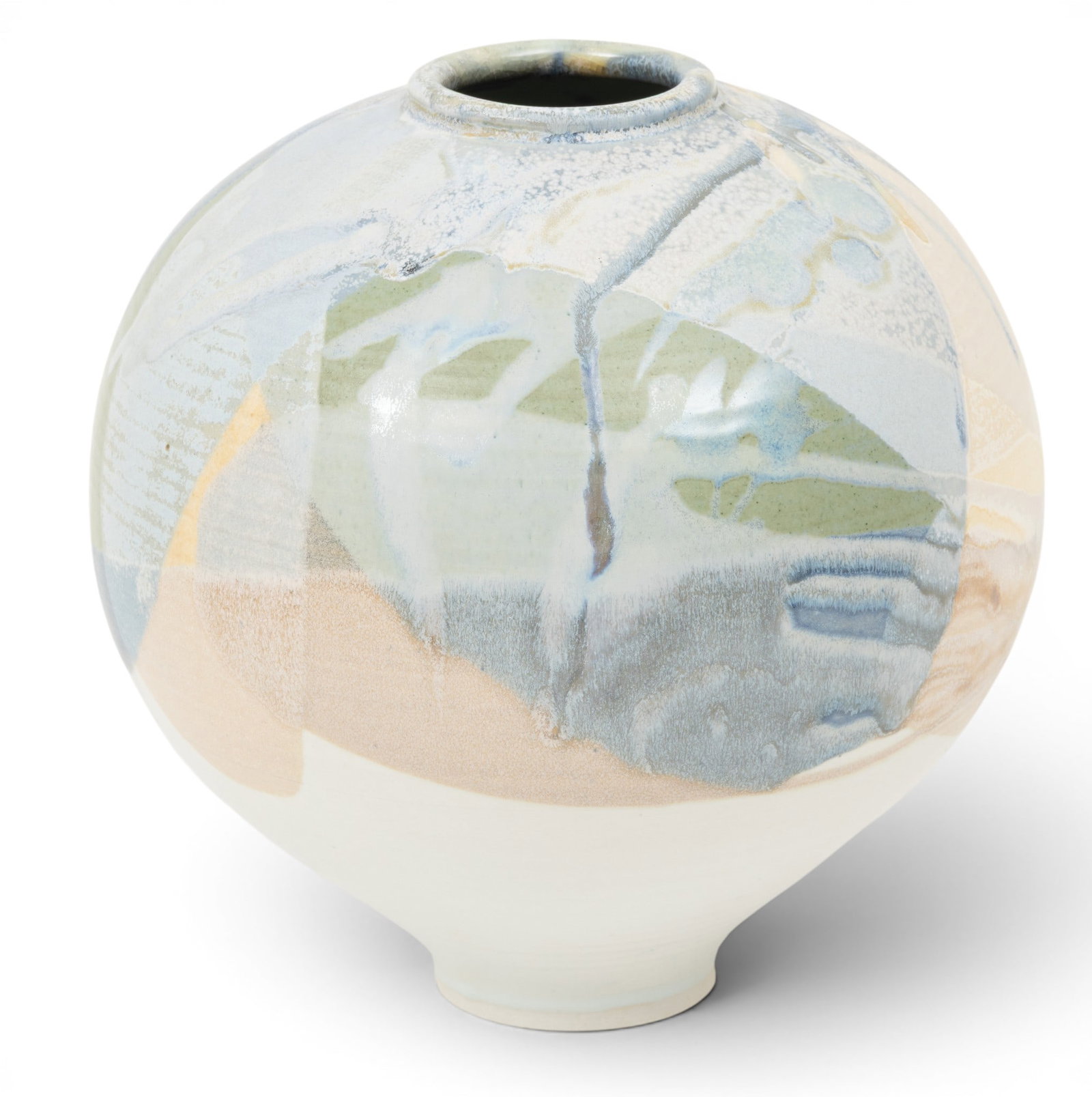 American Art Pottery Vase 20th C., H 10" Dia. 9": American Art Pottery Vase 20th C., H 10" Dia. 9" Pastel tones about neck in green, blue and beige abstract forms. Signed Kagan, 1982. Provenance: Property from the Collection of Marianne Endicott, Gro