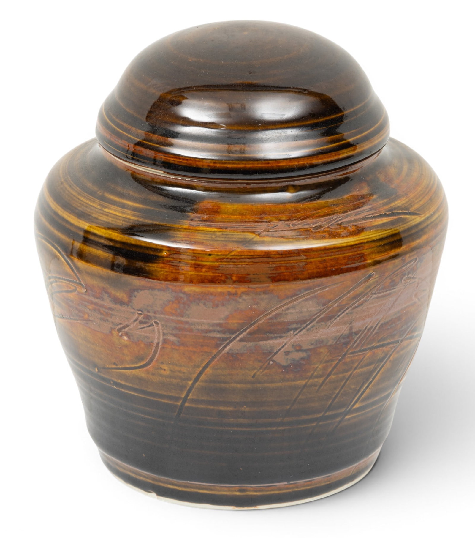 M. Feghey (American 20th C.) Glazed Ceramic Covered Jar 20th C., H 9.5" Dia. 10" (1 of 5)