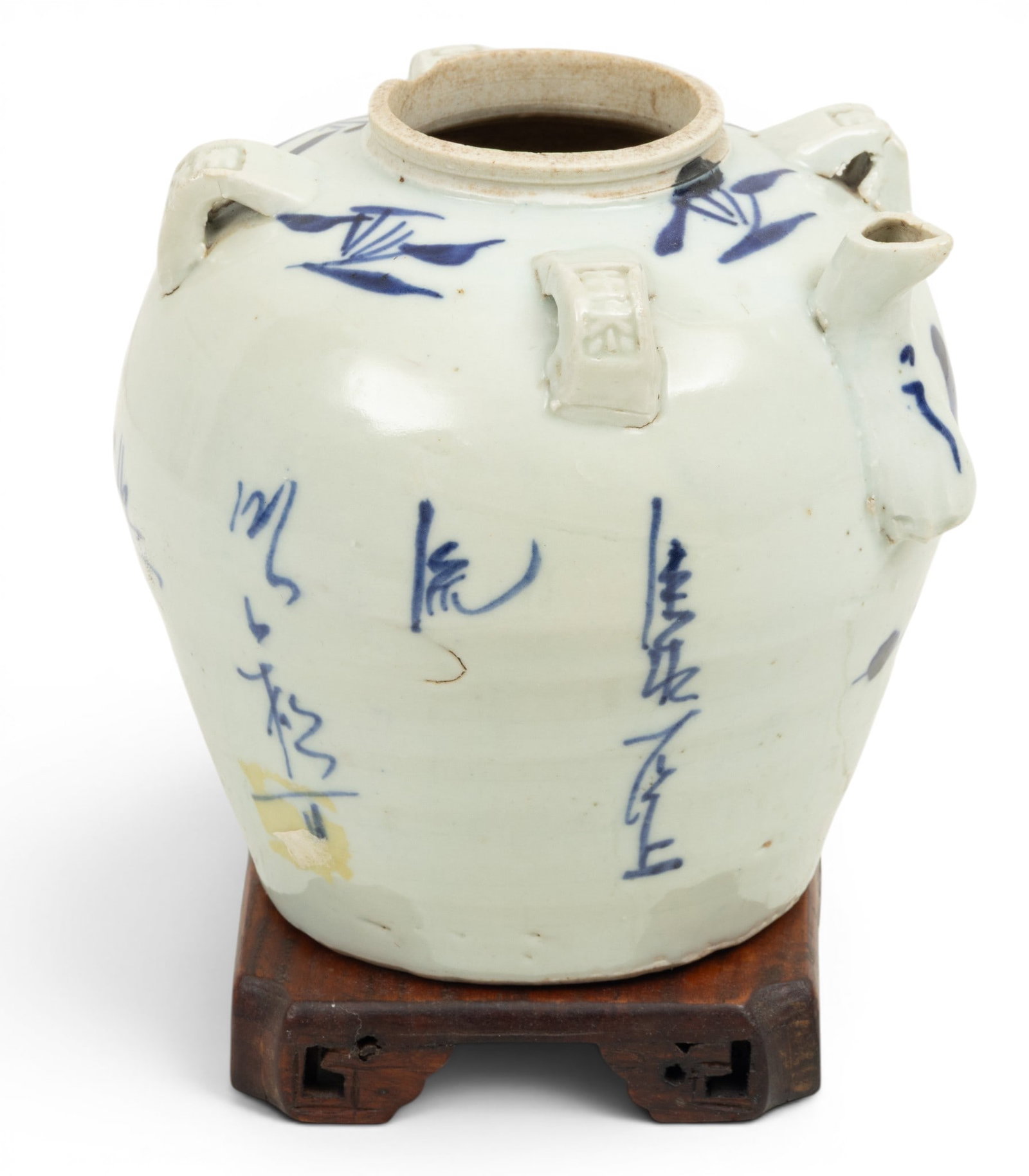 Chinese Blue on White Pottery Teapot 1900, H 5.5" W 6": Chinese Blue on White Pottery Teapot 1900, H 5.5" W 6" Four lug handles for straps. Underglaze cobalt blue decoration. Provenance: Property from the Collection of Marianne Endicott, Grosse Pointe Shor