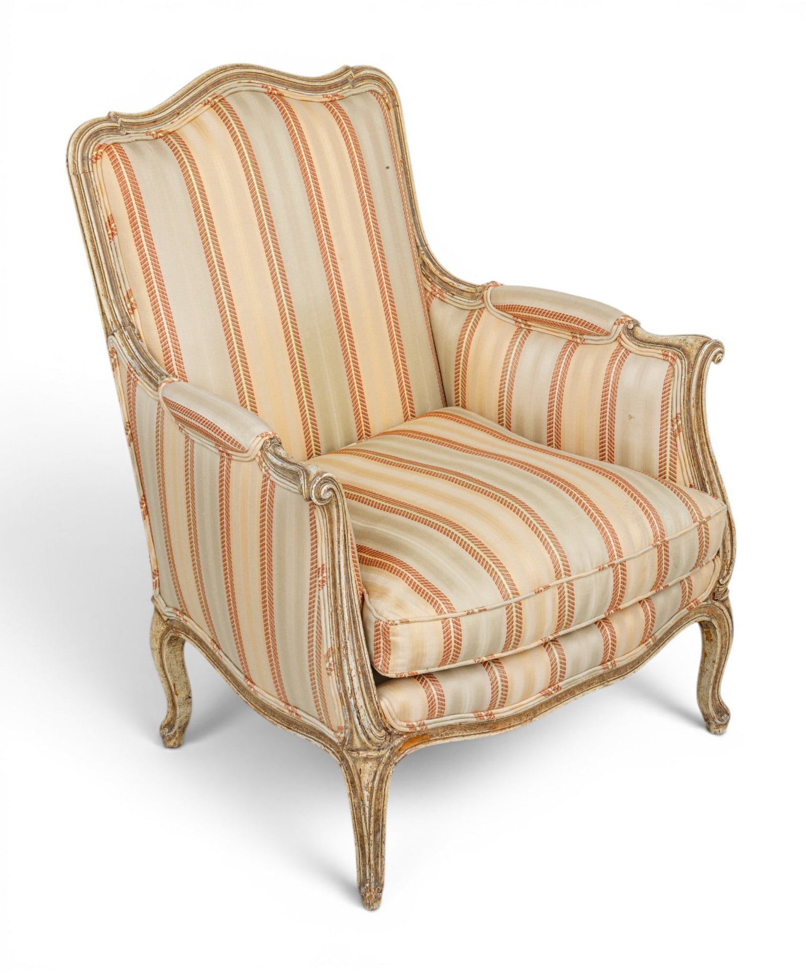 Louis XV Style Bergere, Antique White Frame 1950, H 34" W 27" Depth 28" (1 of 8)
