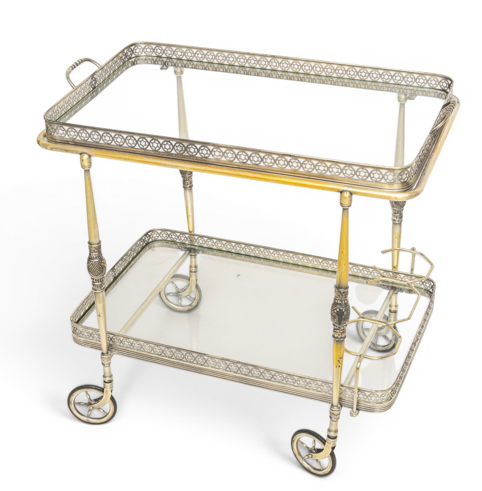 Metal Frame Tea Cart H 27.5" L 25": Metal Frame Tea Cart H 27.5" L 25" Having two gallery trays, raised on rubber wheels. Glass shelves Purchased in Rochester, Minnesota. Provenance: Property from the Collection of Marianne Endicott, Gr