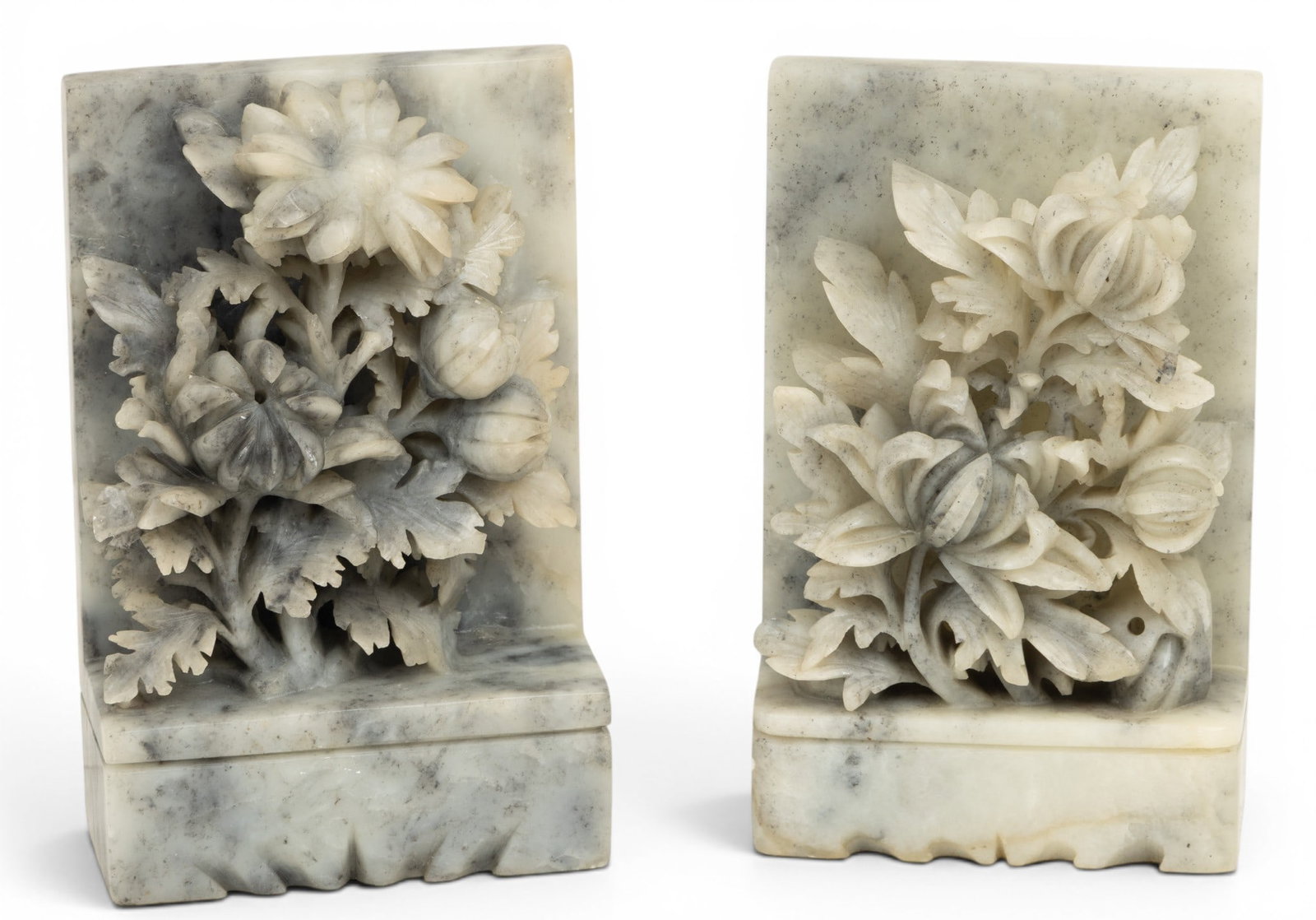 Chinese Carved Soapstone Bookends, 20th C., H 7" W 4.5" Depth 1.75" 1 PAIR (1 of 5)
