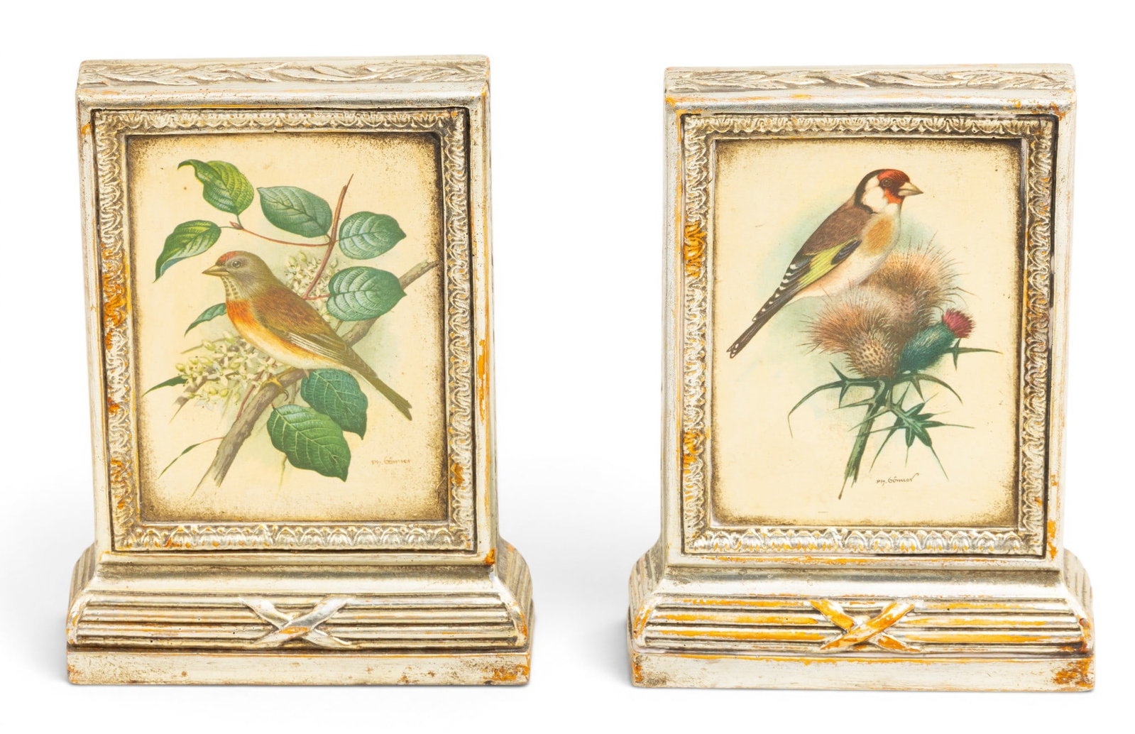 Pair of Bookends, Borghese Decorated with Bird Prints H 7.5" W 5.25" Depth 4.75" 1 PAIR (1 of 6)