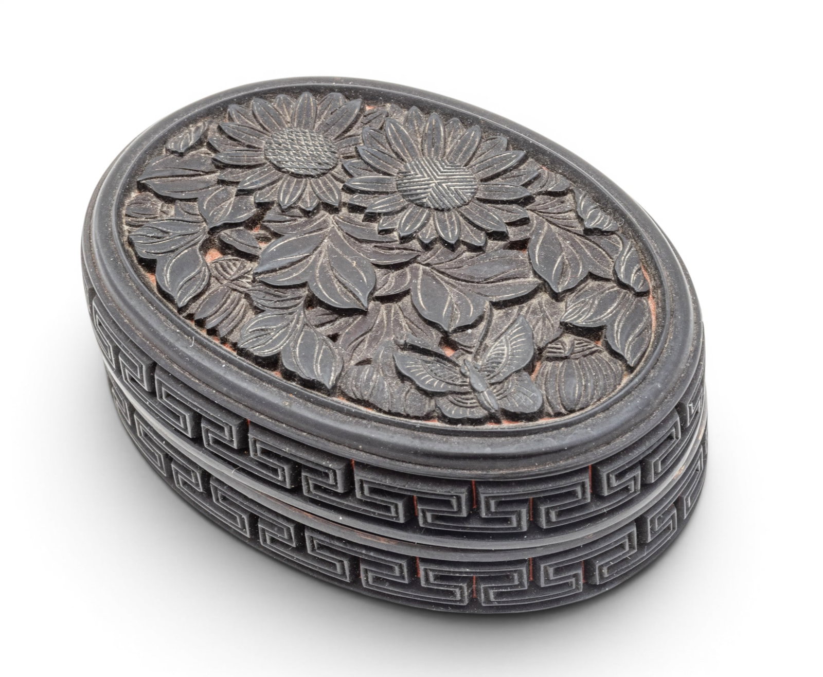 Chinese Small Lacquer Cinnabar Covered Oval Box 2.5 "X 1.75" (1 of 5)