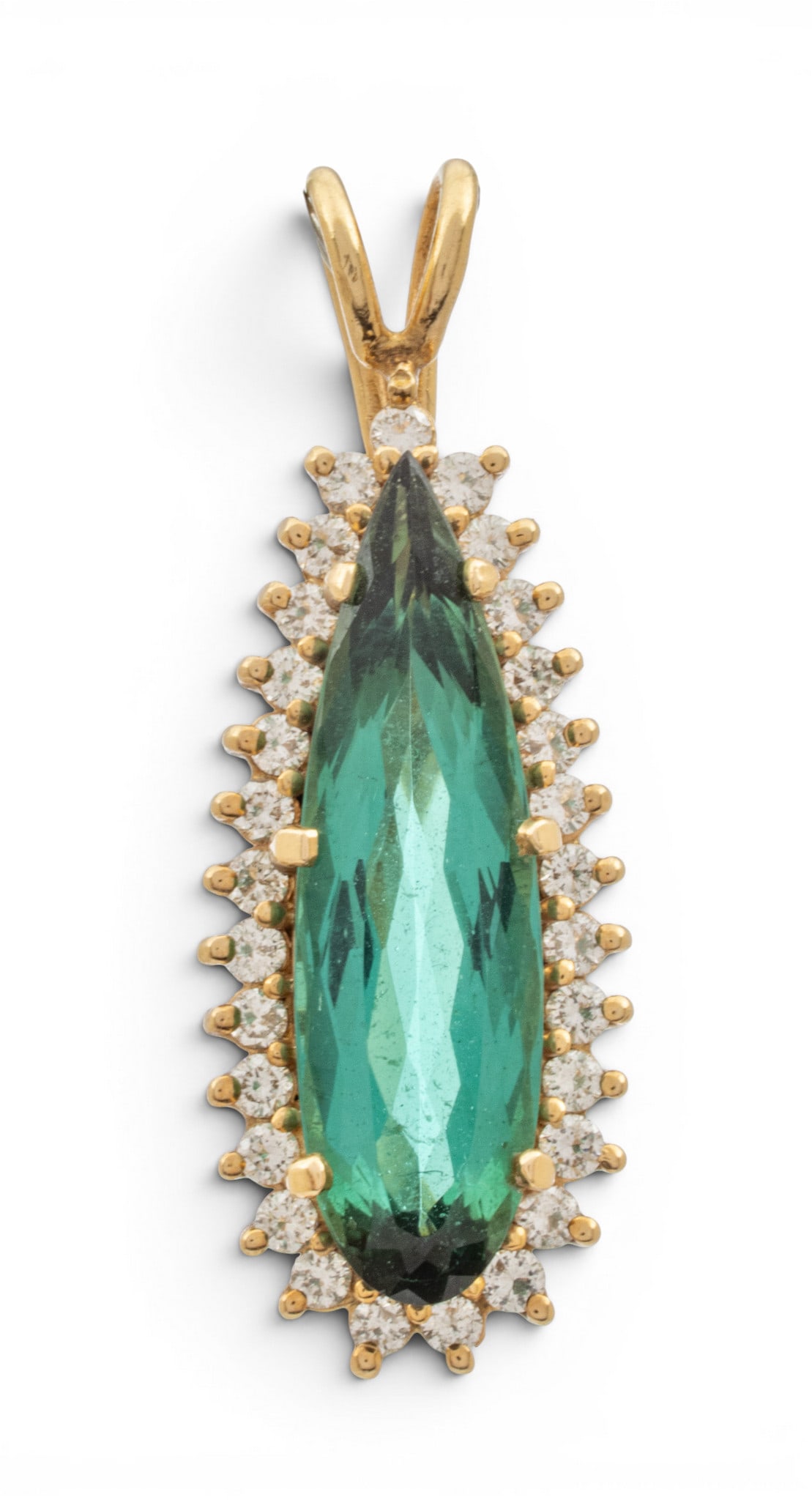 14K Yellow Gold and Green Tourmaline Pendant, with Diamonds W 7mm L 20mm 5 g (1 of 5)