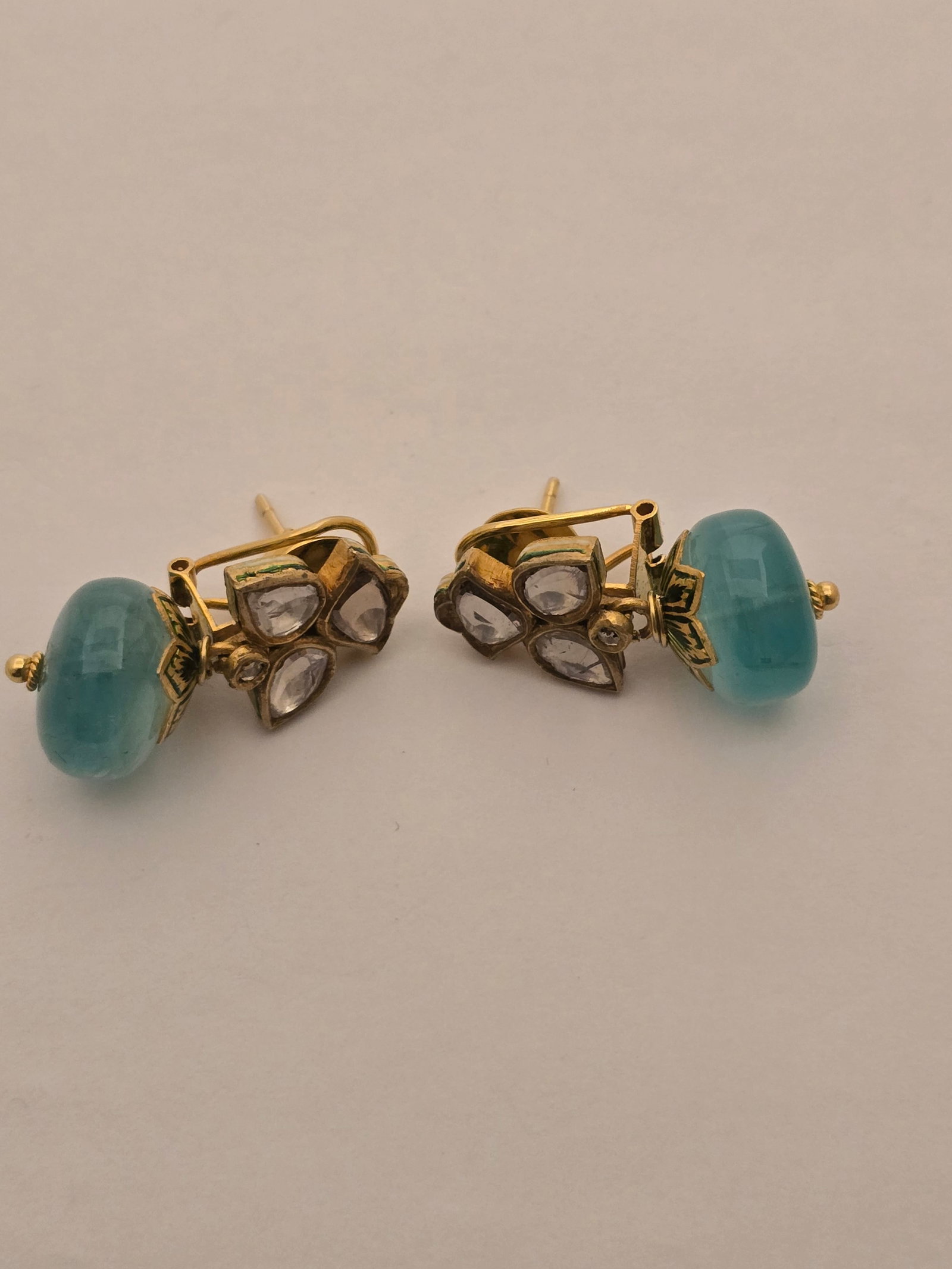 Yellow Gold, Enamel, Emerald, and Diamond Drop Earrings H 1.375" 20.8 g 1 PAIR (1 of 2)
