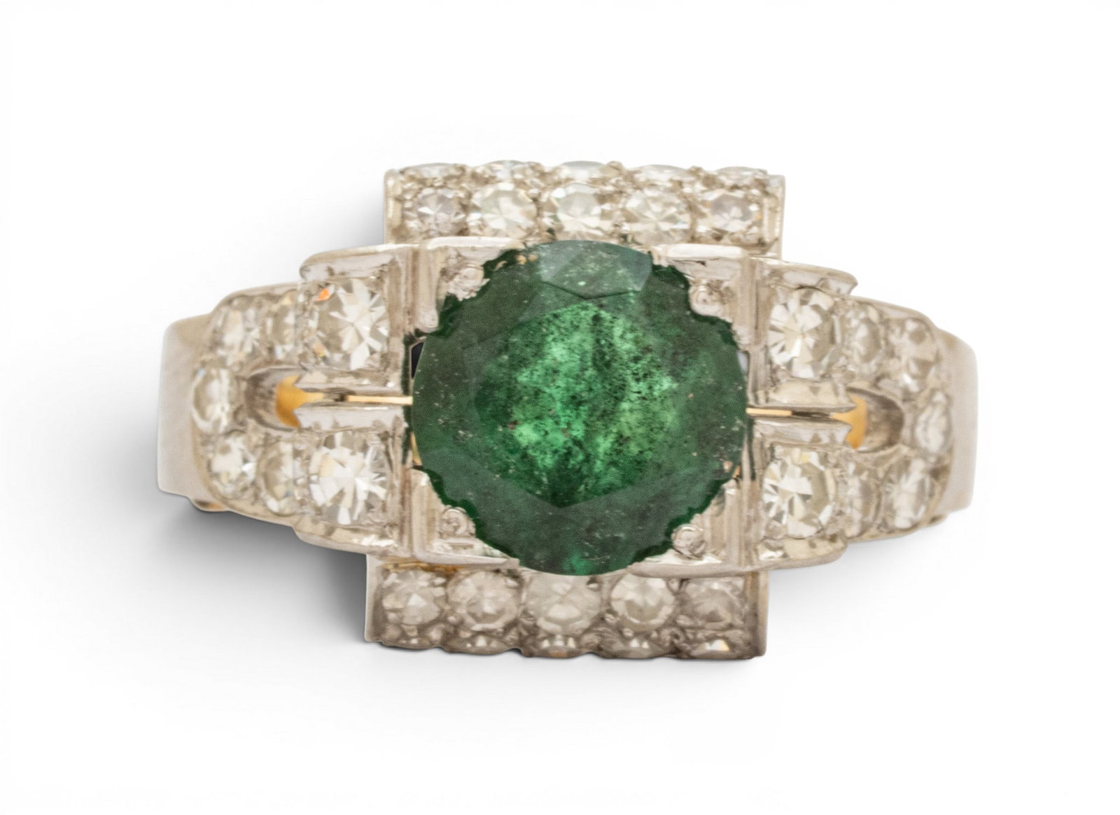 Art Deco Style Platinum, Emerald, and Diamond Ring, Size 6 1/2 Size 6.5 9.4 g: Art Deco Style Platinum, Emerald, and Diamond Ring, Size 6 1/2 Size 6.5 9.4 g A hand-fabricated, high-polish, platinum Art Deco style, stepped ring having a central, round faceted emerald and diamond 