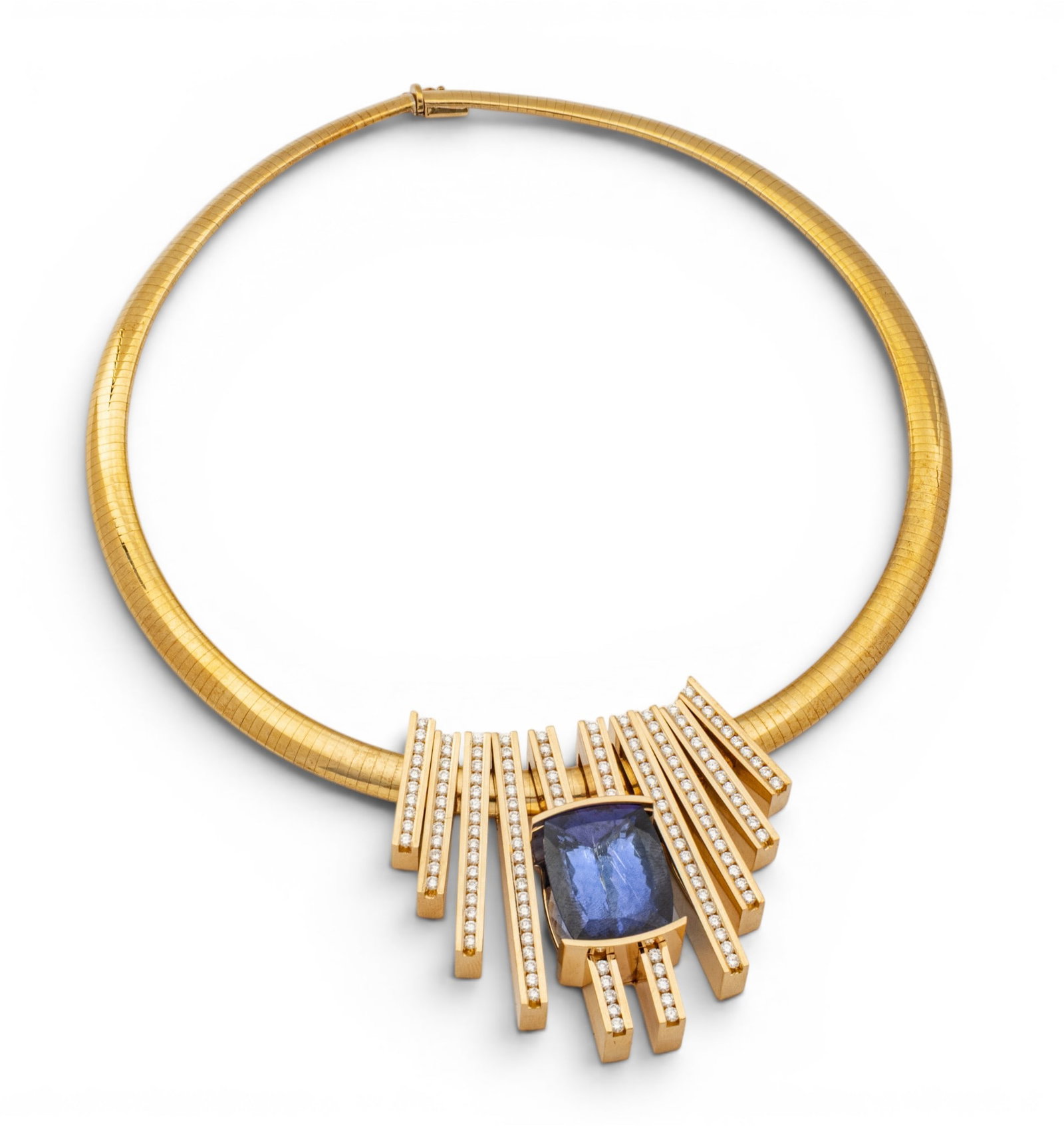 Trisko Jewelry Modernist 14k Yellow Gold, 45ct Tanzanite and Diamond Omega Chain Necklace L 19": Trisko Jewelry Modernist 14k Yellow Gold, 45ct Tanzanite and Diamond Omega Chain Necklace L 19" A bold, statement necklace having a stunning 45.54ct cushion cut tanzanite and channel-set, round,