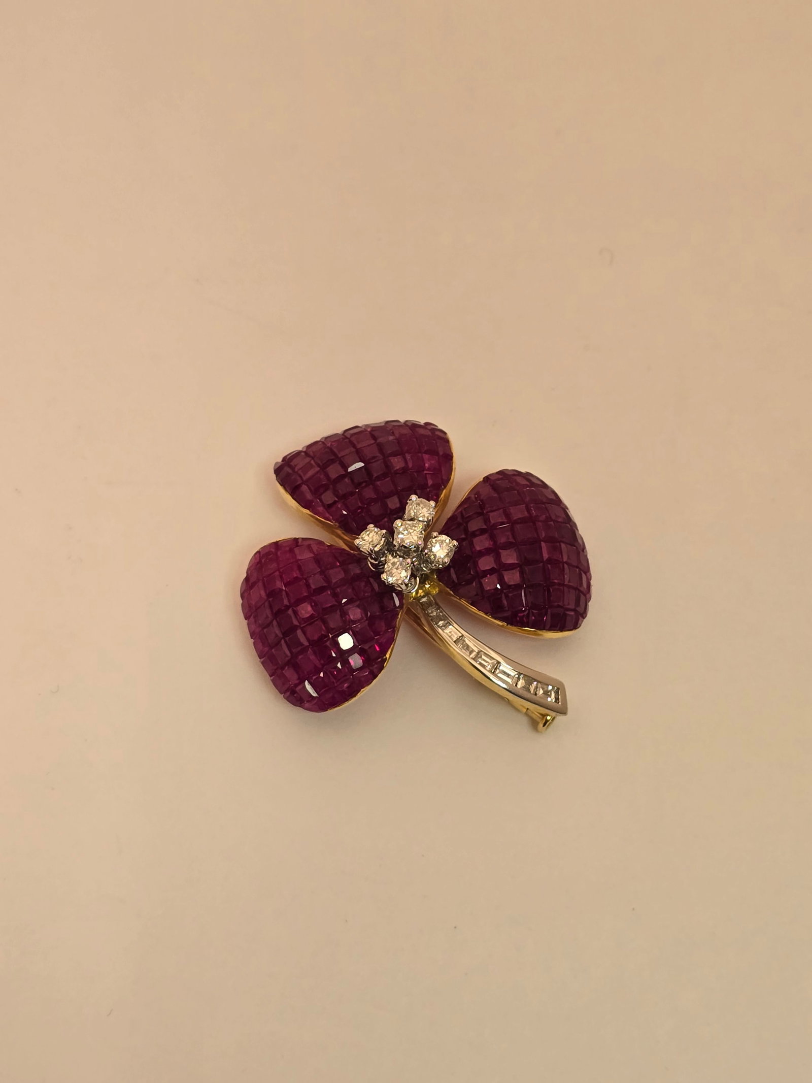 18k Yellow and White Gold, Ruby, and Diamond Clover Pin H 1.25" 10 g (1 of 1)