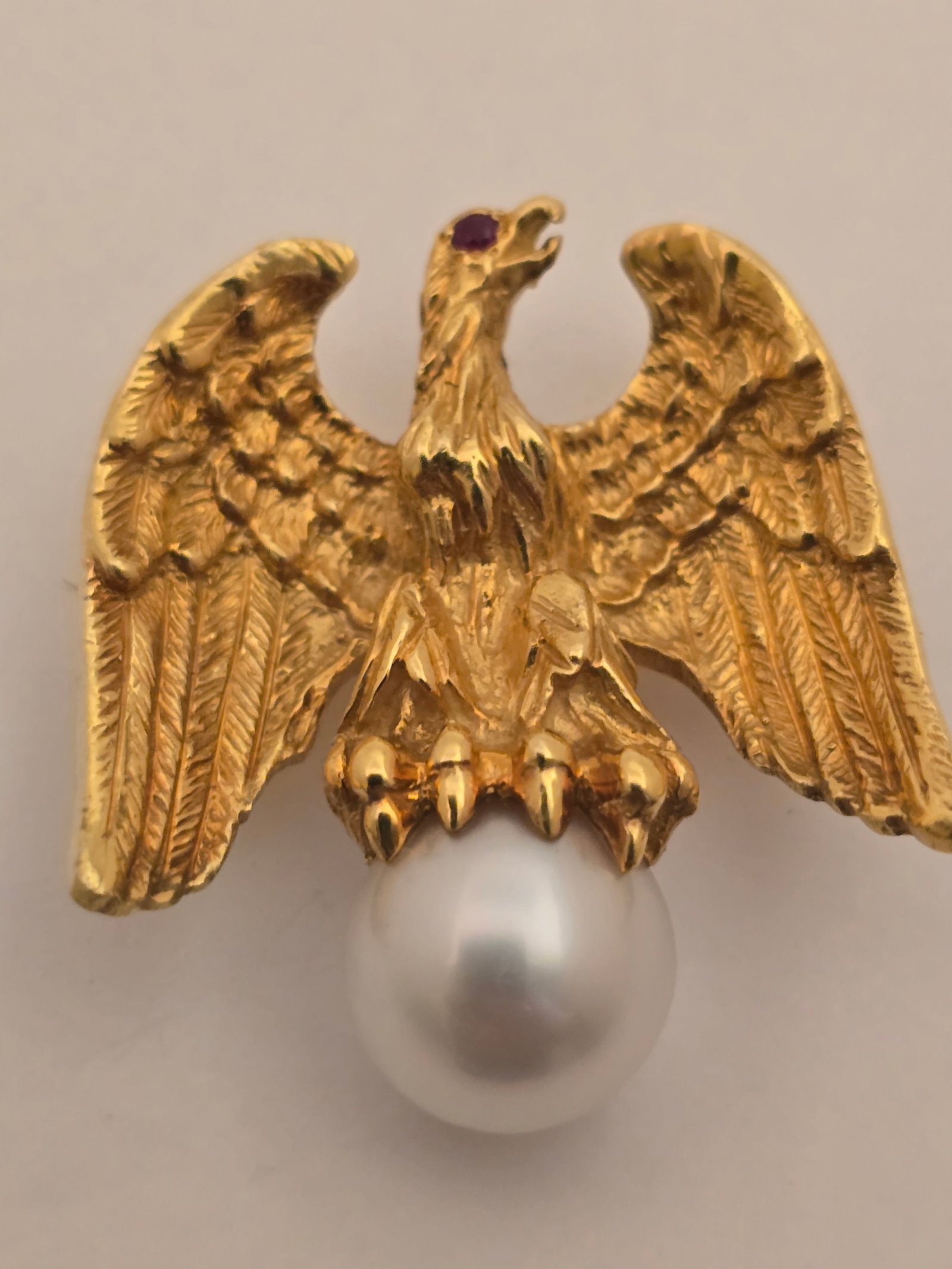 Ann Hand 18k Yellow Gold, Ruby, and South Sea Pearl Eagle Brooch H 1.5" 23.8 g (1 of 3)