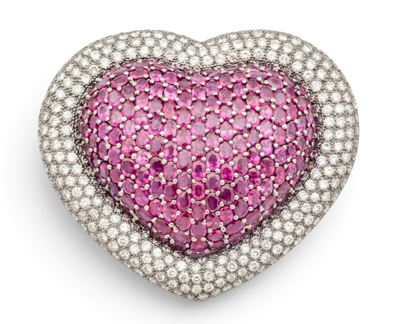18k White Gold, Ruby, and Diamond Heart-Shaped Brooch L 2.625" 47.5 g (1 of 9)