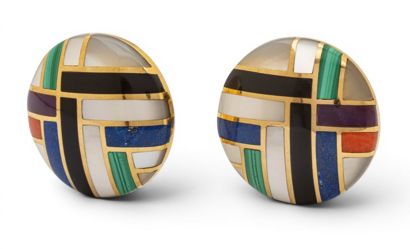 14k Yellow Gold and Inlaid Gemstone Button Earrings Dia. 1" 16.6 g 1 PAIR (1 of 6)