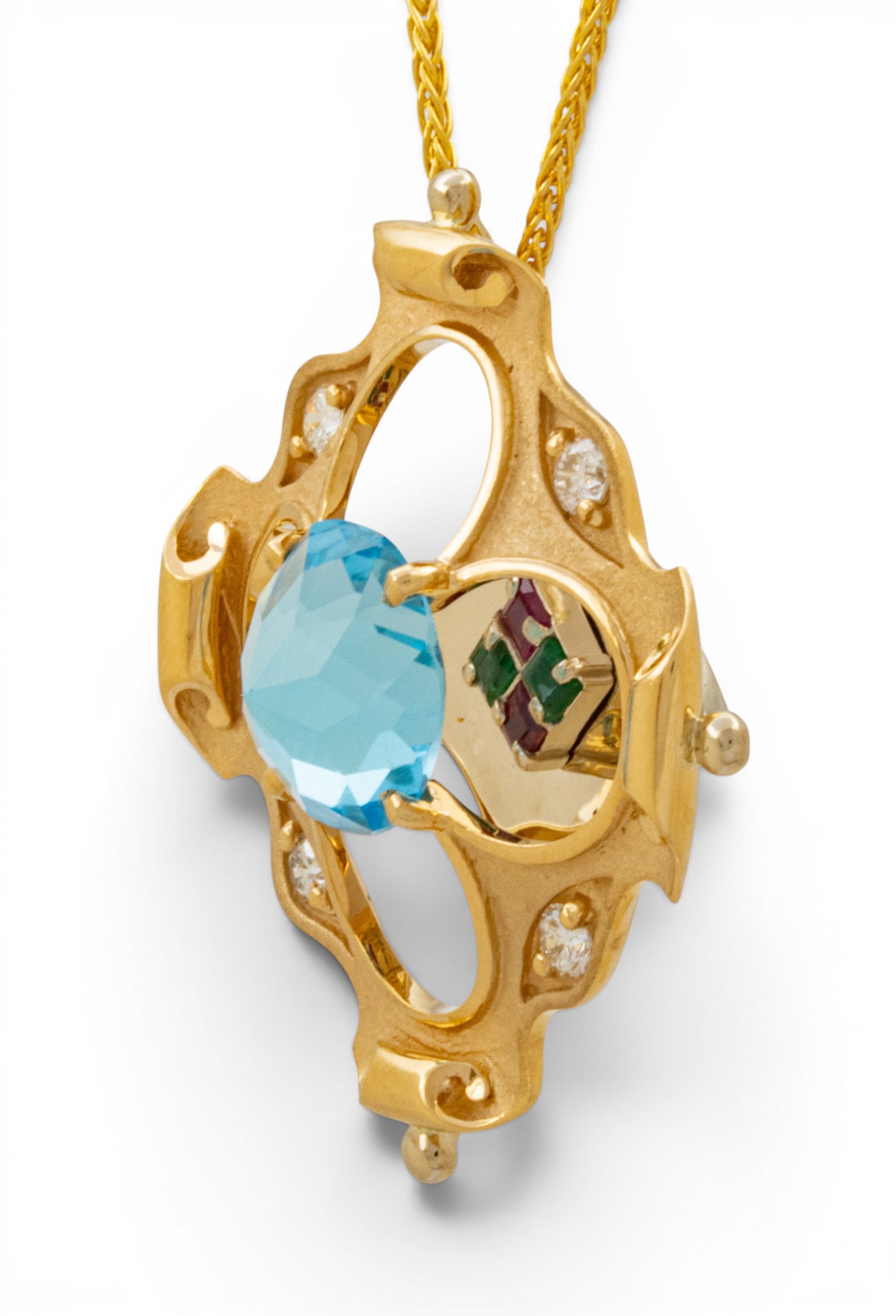 Galatea 14k Yellow Gold, Aquamarine, Emerald, Ruby, and Diamond Kaleidoscope Pendant Necklace L 18" - 2