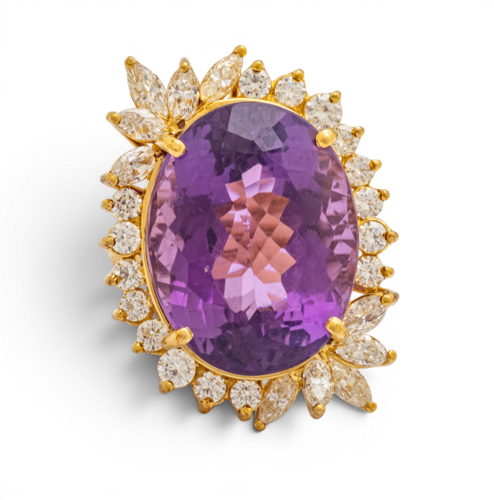 18k Yellow Gold, Amethyst, and Diamond Cocktail Ring Size 6.5 16.1 g: 18k Yellow Gold, Amethyst, and Diamond Cocktail Ring Size 6.5 16.1 g An oval faceted amethyst peg set in 18k yellow gold surrounded by round and marquise accent diamonds. Marked 18k NEI to the interio