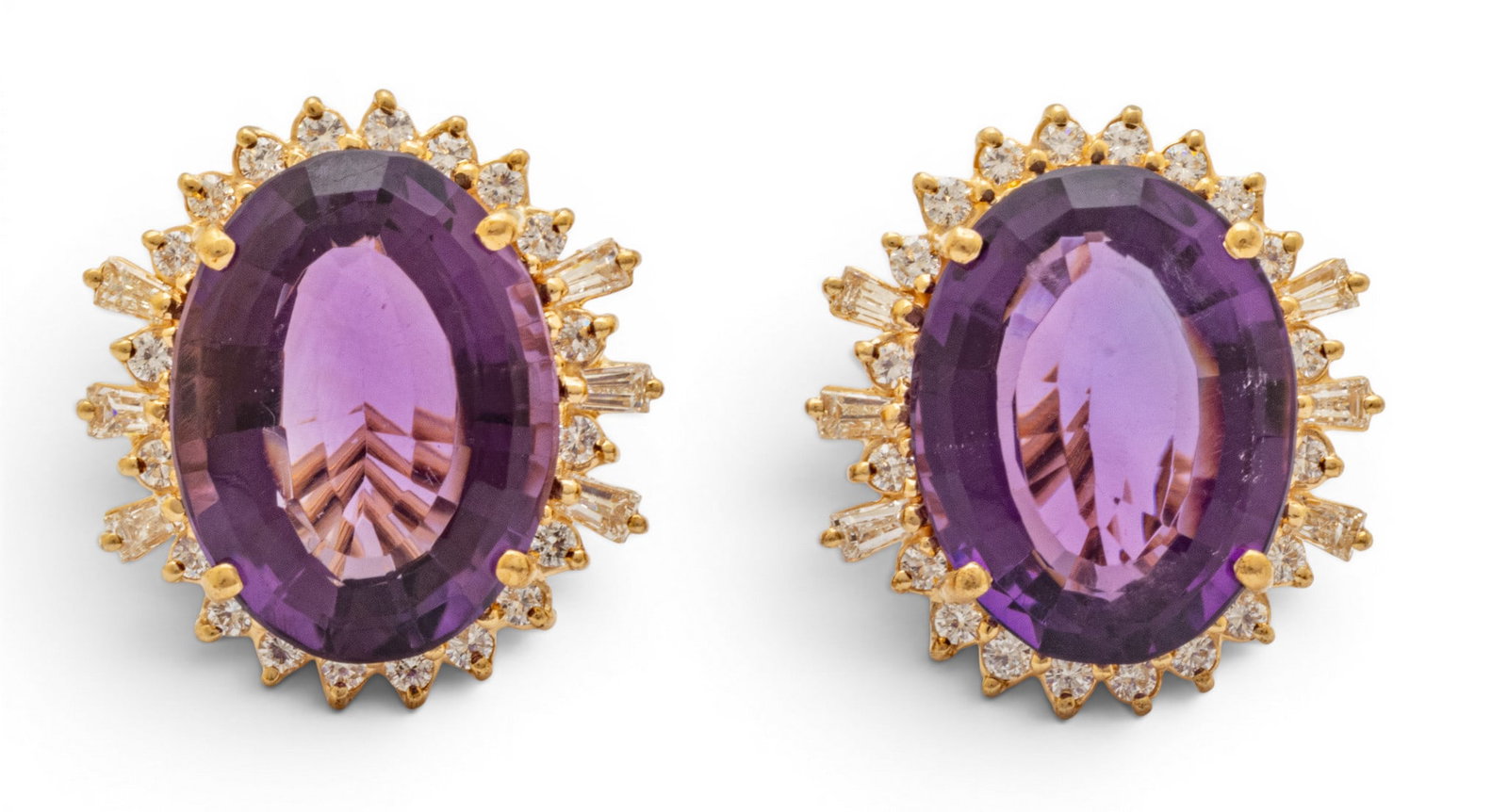 14k Yellow Gold, Amethyst, and Diamond Earrings 14 g 1 PAIR: 14k Yellow Gold, Amethyst, and Diamond Earrings 14 g 1 PAIR A pair of oval shaped, faceted amethyst gems set in 14k yellow gold, surrounded by round, brilliant and tapered baguette diamond accents. Ma