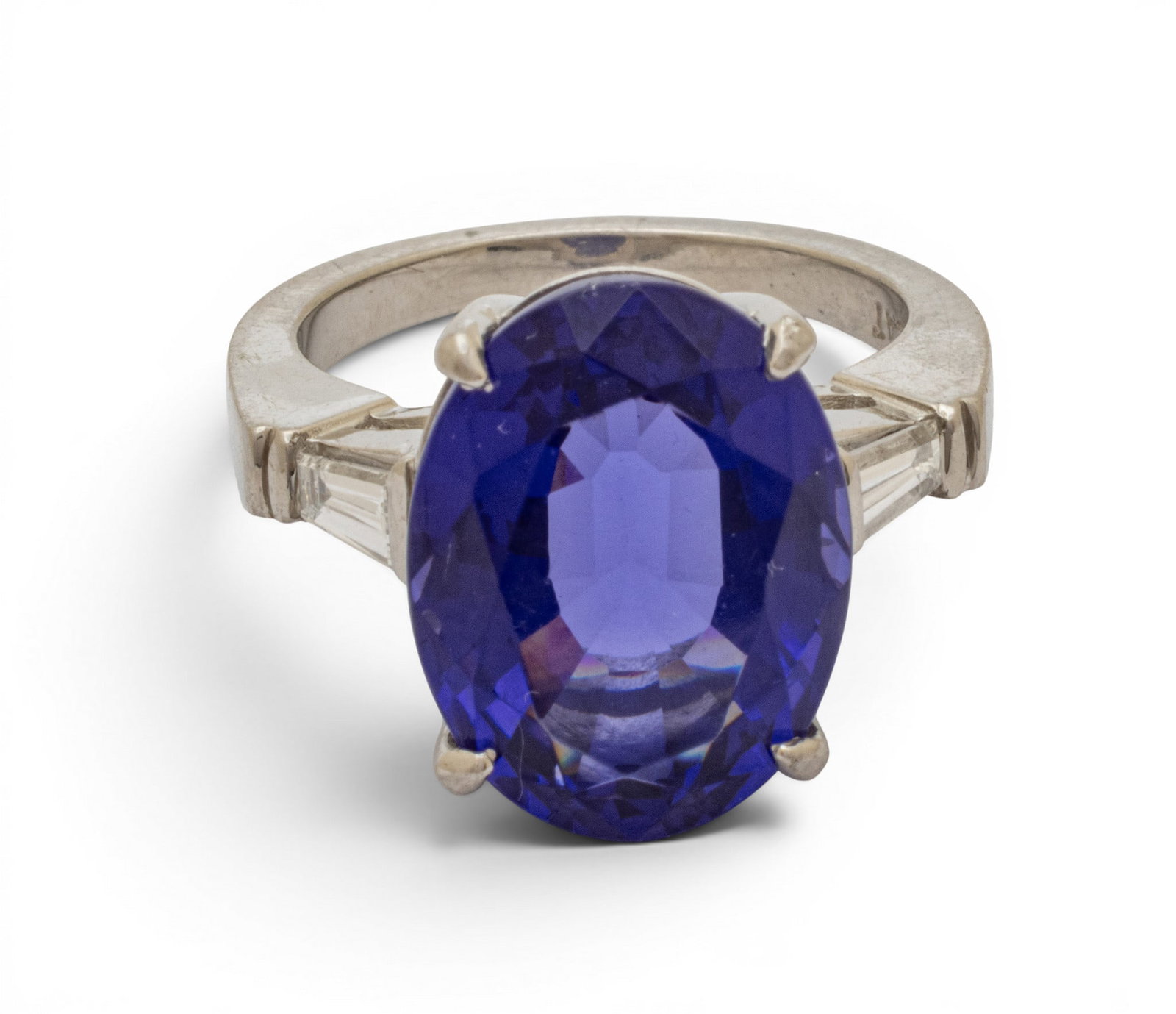 Platinum, Imitation Gemstone, and Diamond Cocktail Ring Size 6.5 13.2 g: Platinum, Imitation Gemstone, and Diamond Cocktail Ring Size 6.5 13.2 g An imitation gemstone set in platinum having a tapered natural diamond baguette to each shoulder. Marked PLAT to the interior of