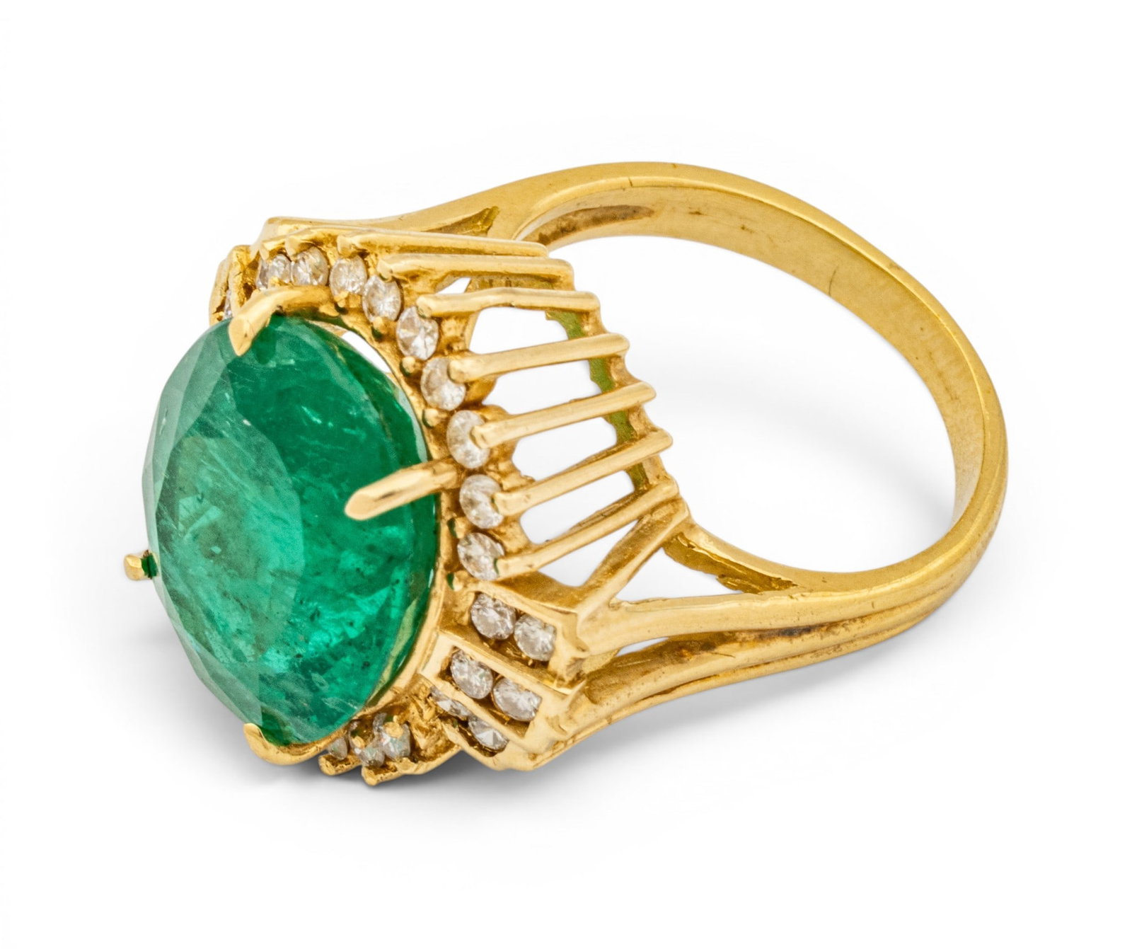 14k Yellow Gold, Emerald, and Diamond Cocktail Ring Size 6.5 8.7 g - 6
