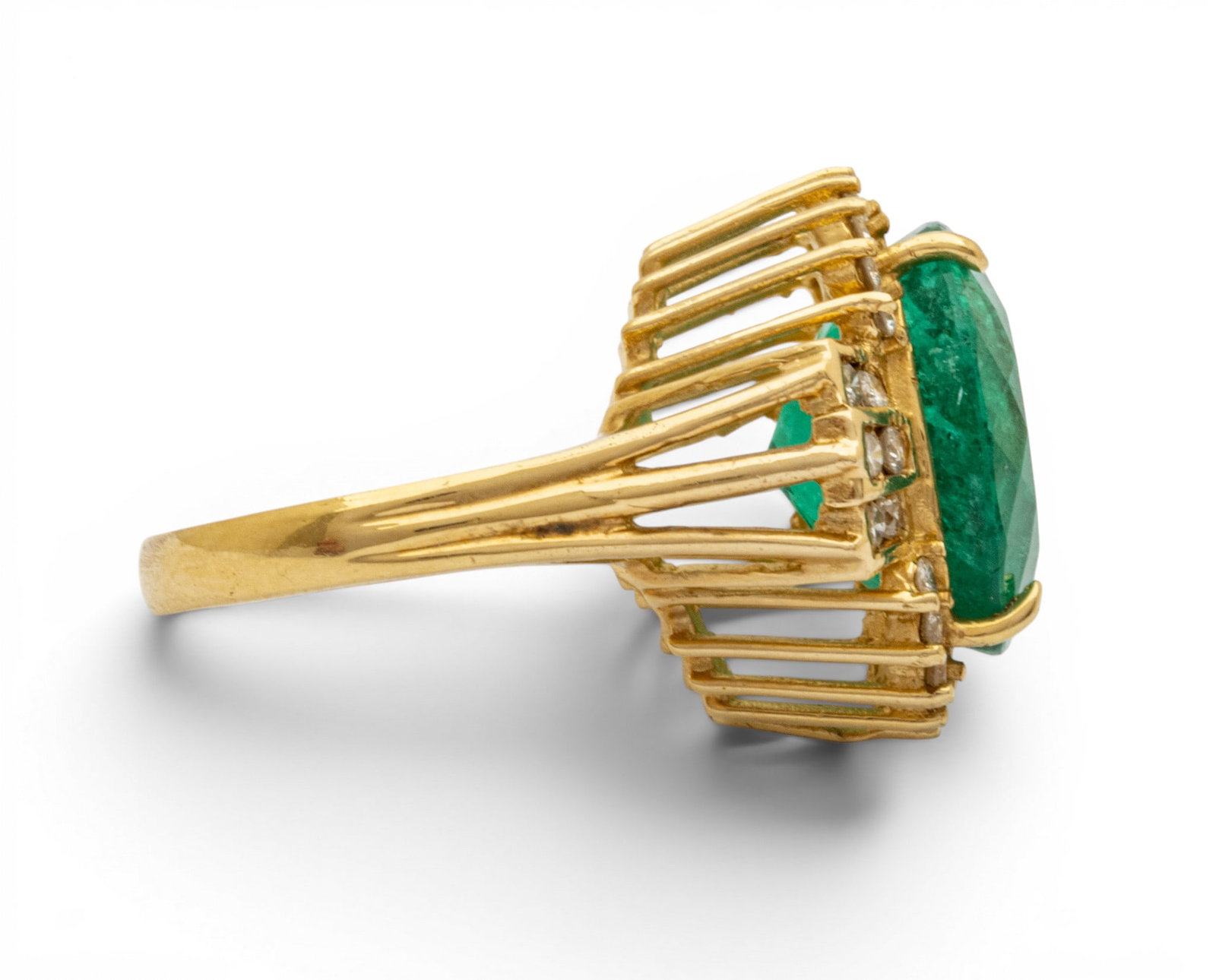 14k Yellow Gold, Emerald, and Diamond Cocktail Ring Size 6.5 8.7 g - 8