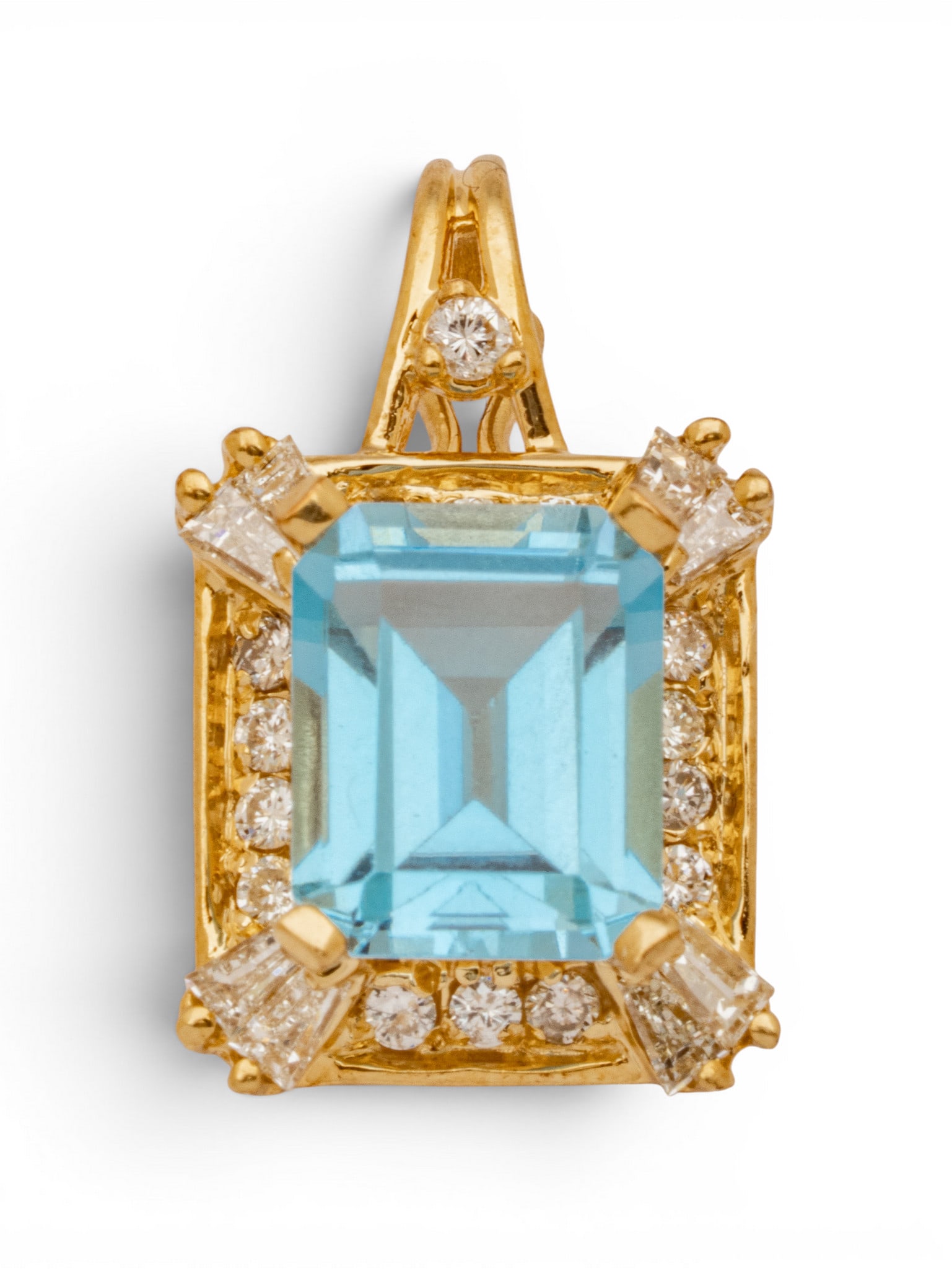 14k Yellow Gold, Blue Topaz, and Diamond Pendant H 1" 4.3 g (1 of 8)