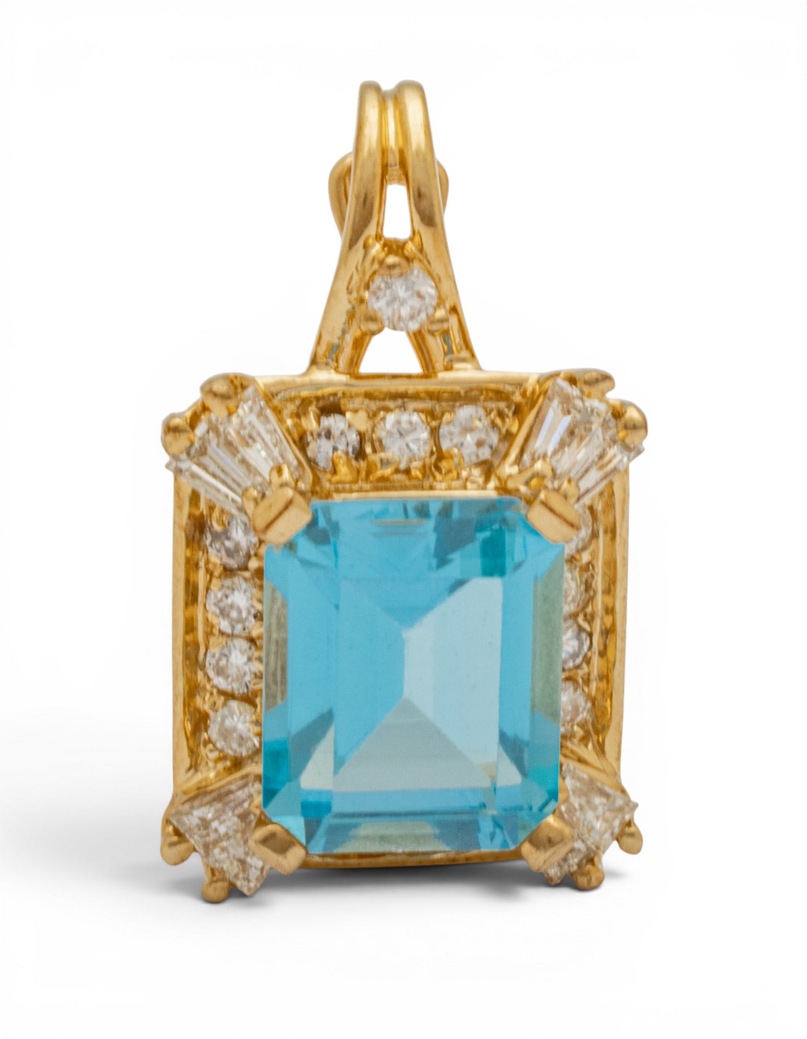 14k Yellow Gold, Blue Topaz, and Diamond Pendant H 1" 4.3 g - 3