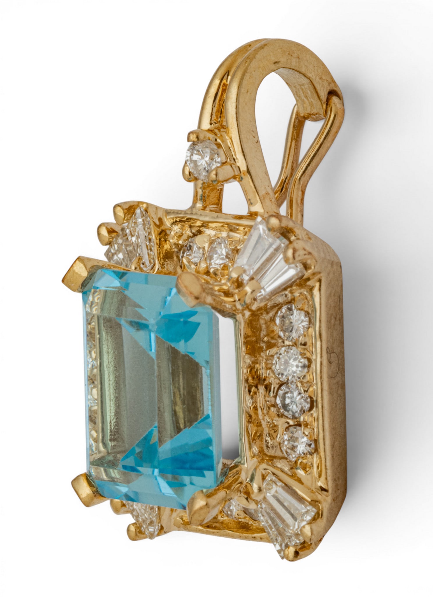 14k Yellow Gold, Blue Topaz, and Diamond Pendant H 1" 4.3 g - 5