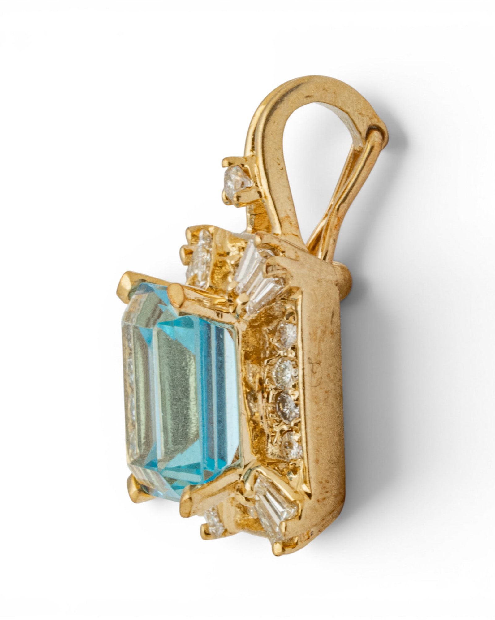 14k Yellow Gold, Blue Topaz, and Diamond Pendant H 1" 4.3 g - 6