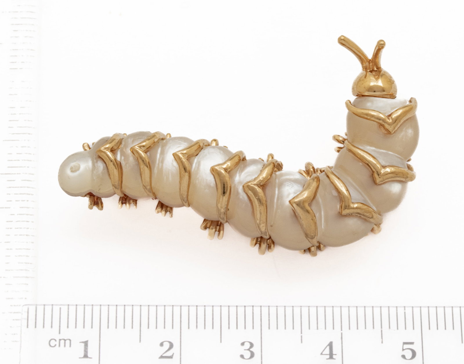 Robert Wander WINC 14k Yellow Gold and Mother of Pearl Caterpillar Brooch L 2" 14.2 g - 2