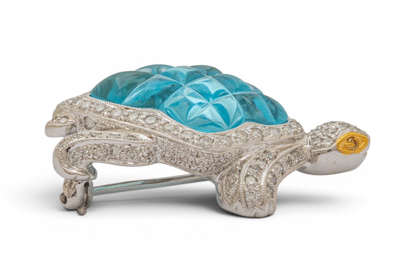 18k White and Yellow Gold, Glass, and Diamond Turtle Brooch L 1.25" 9.9 g - 4
