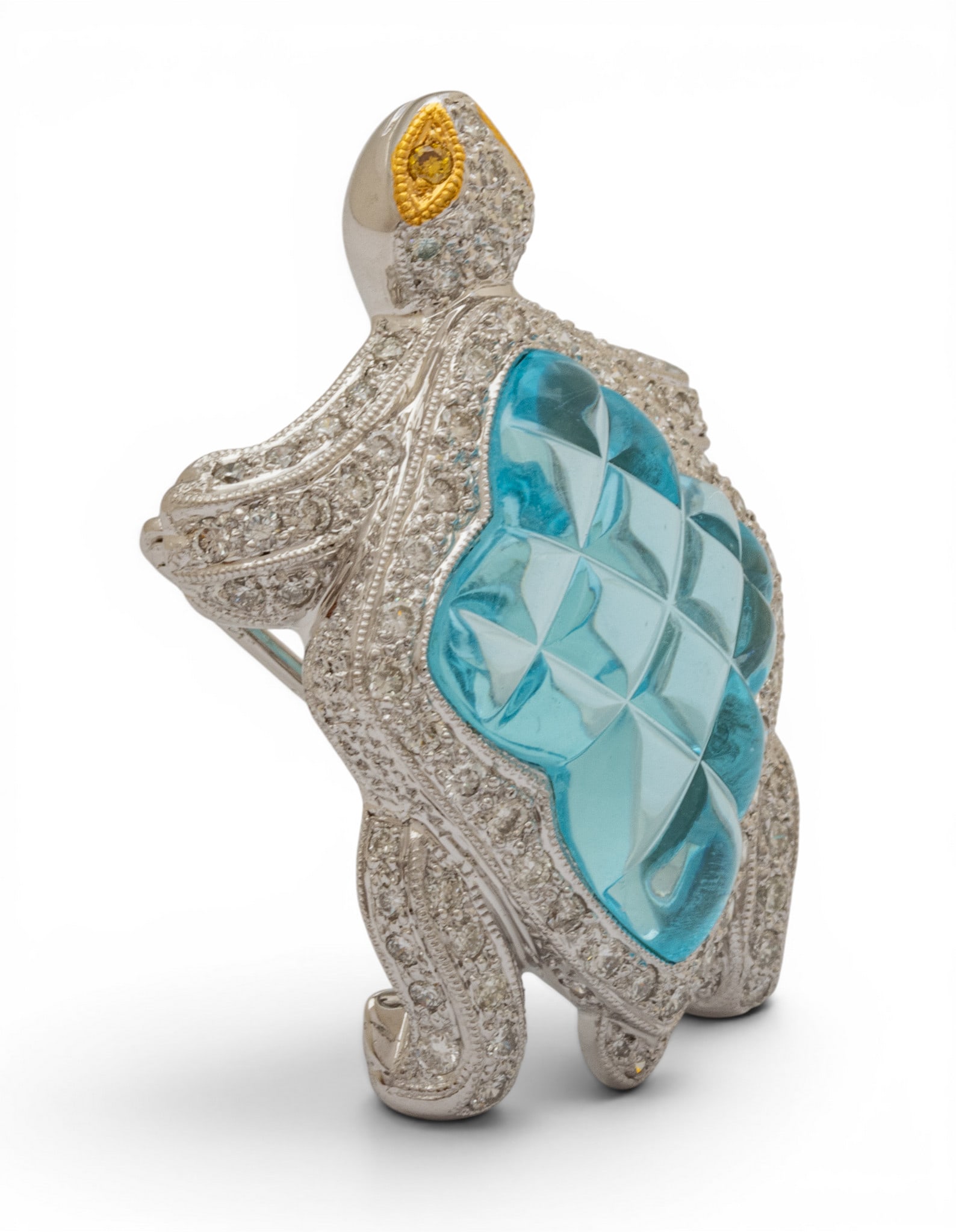 18k White and Yellow Gold, Glass, and Diamond Turtle Brooch L 1.25" 9.9 g - 5
