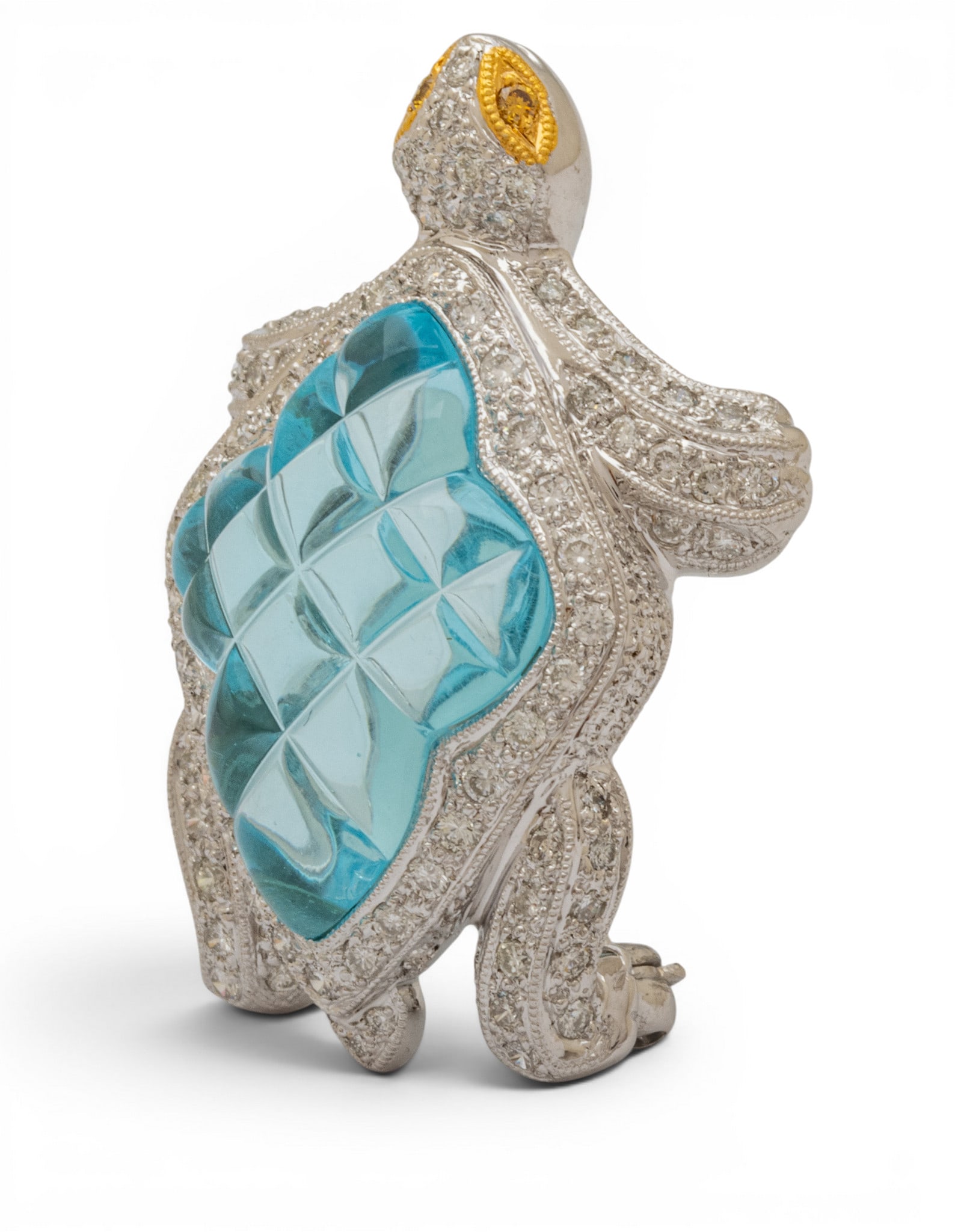 18k White and Yellow Gold, Glass, and Diamond Turtle Brooch L 1.25" 9.9 g - 6