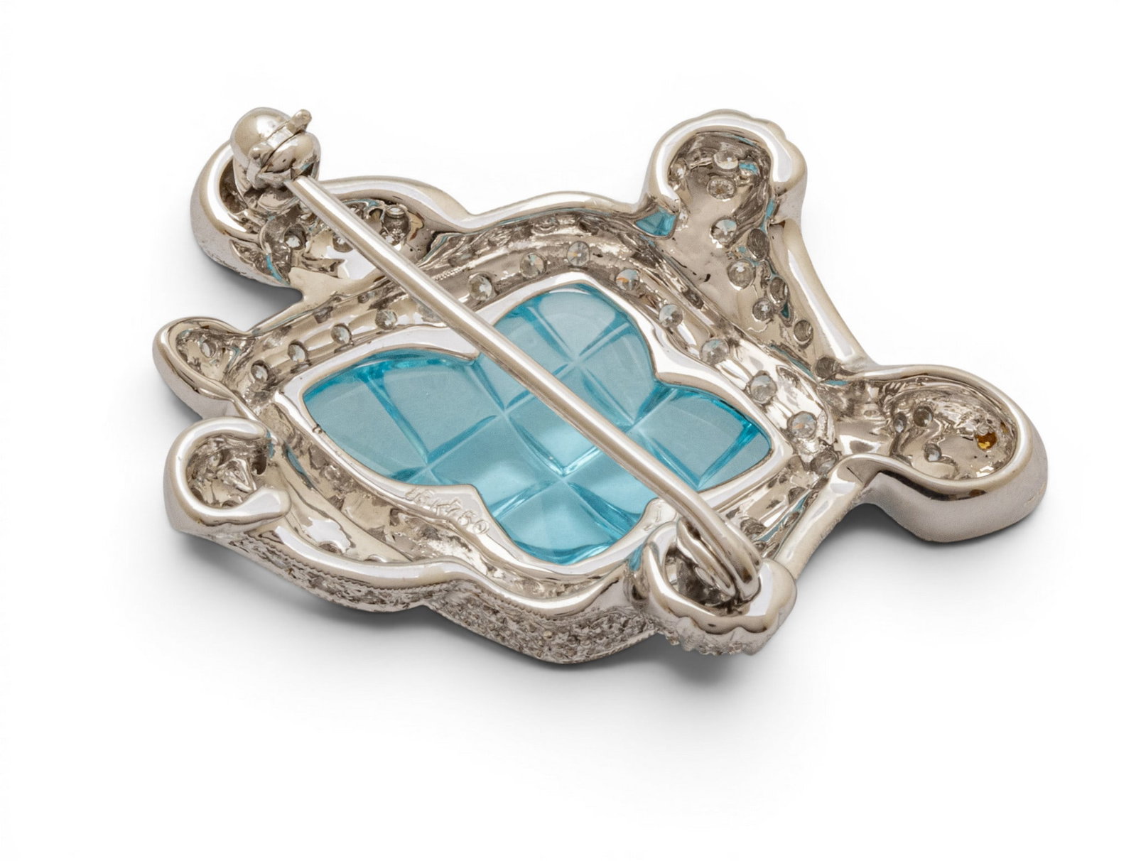18k White and Yellow Gold, Glass, and Diamond Turtle Brooch L 1.25" 9.9 g - 7
