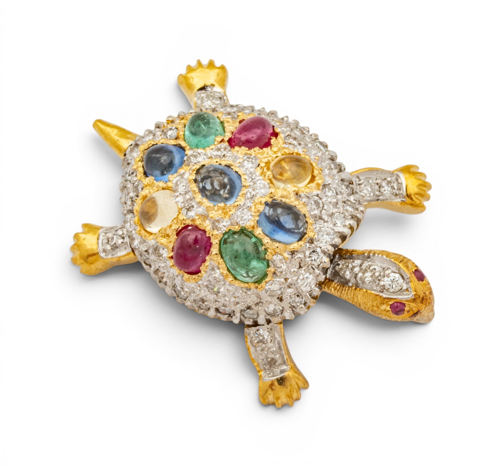 18k White and Yellow Gold, Diamond, and Gem Set Turtle Brooch H 1" 5.2 g: 18k White and Yellow Gold, Diamond, and Gem Set Turtle Brooch H 1" 5.2 g A whimsical turtle brooch in 18k white and yellow gold having allover round, brilliant diamond pavé, and emerald, sapphi