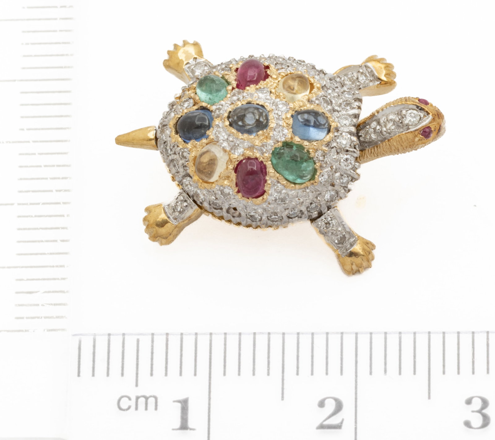 18k White and Yellow Gold, Diamond, and Gem Set Turtle Brooch H 1" 5.2 g - 2