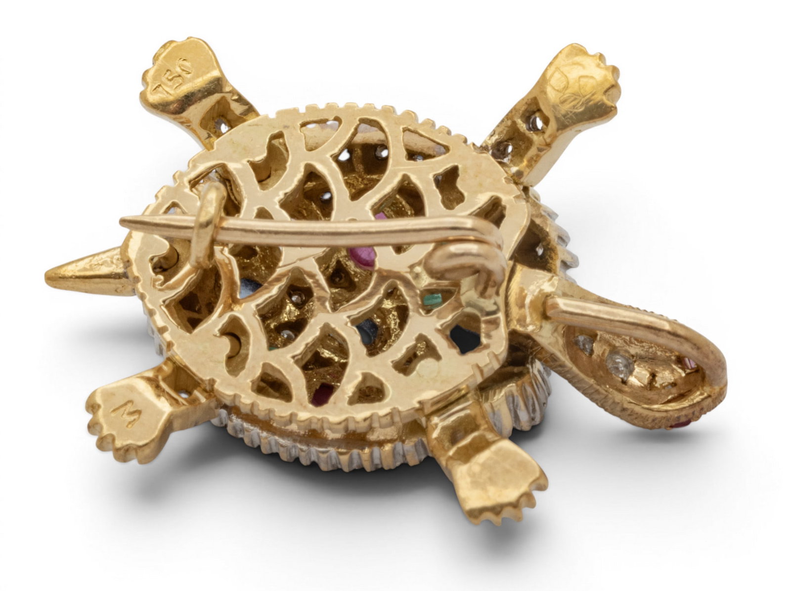 18k White and Yellow Gold, Diamond, and Gem Set Turtle Brooch H 1" 5.2 g - 4