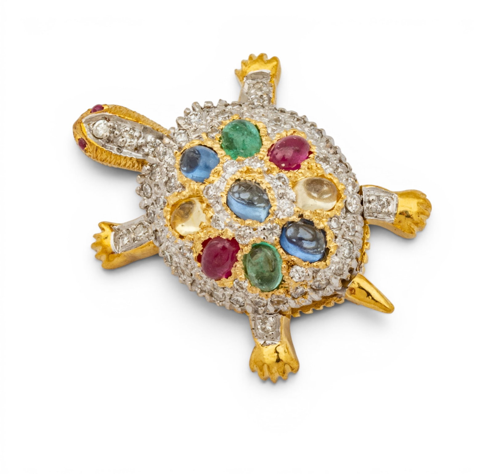18k White and Yellow Gold, Diamond, and Gem Set Turtle Brooch H 1" 5.2 g - 5