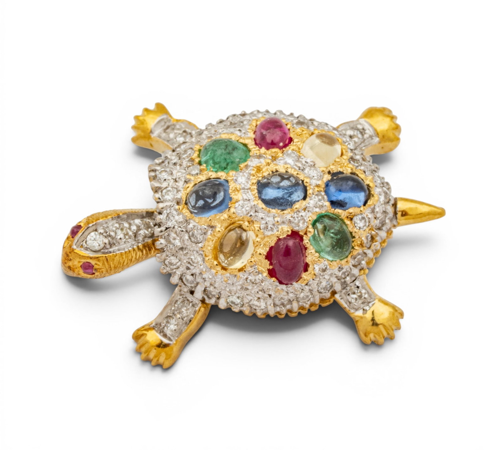 18k White and Yellow Gold, Diamond, and Gem Set Turtle Brooch H 1" 5.2 g - 6
