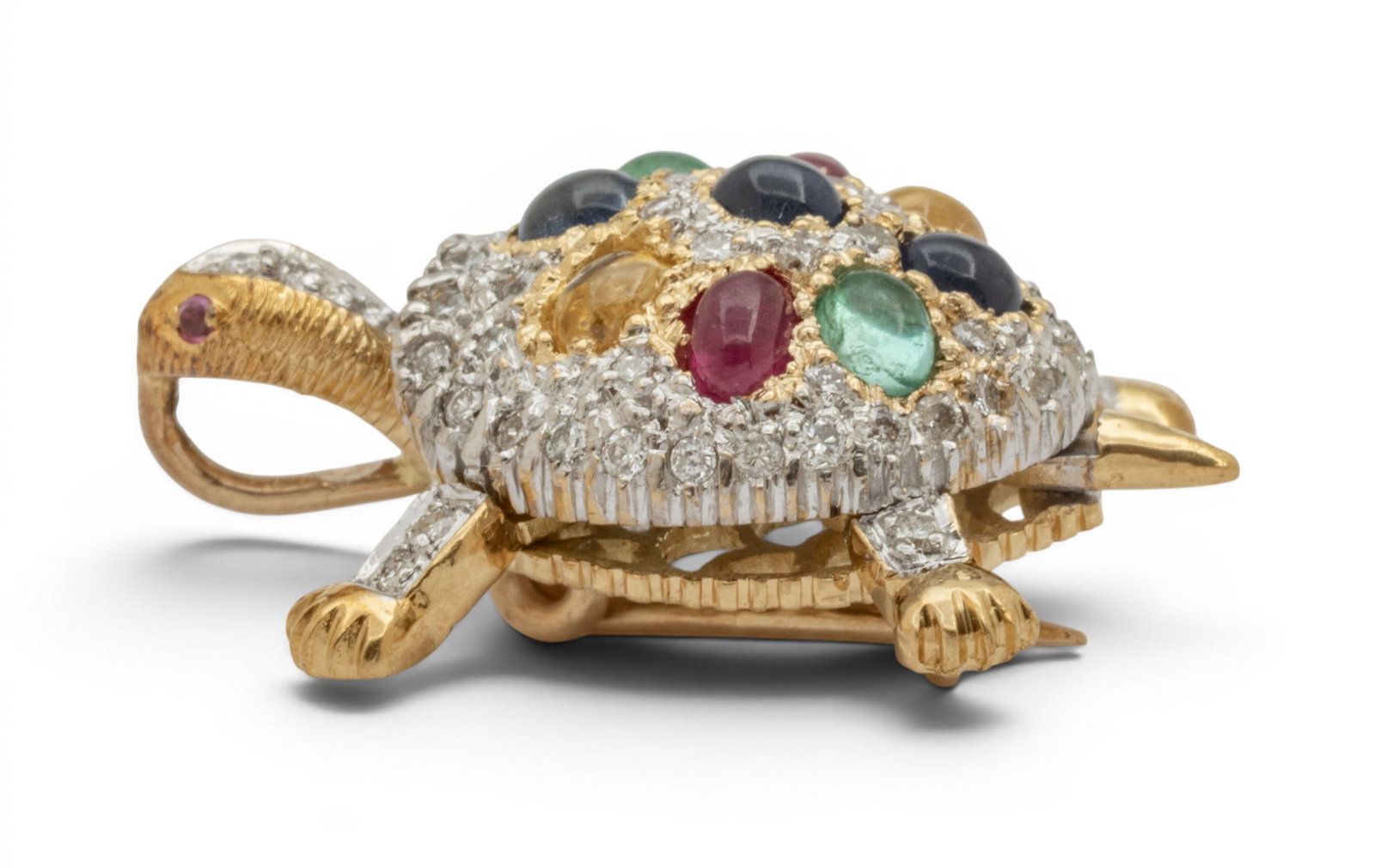 18k White and Yellow Gold, Diamond, and Gem Set Turtle Brooch H 1" 5.2 g - 7
