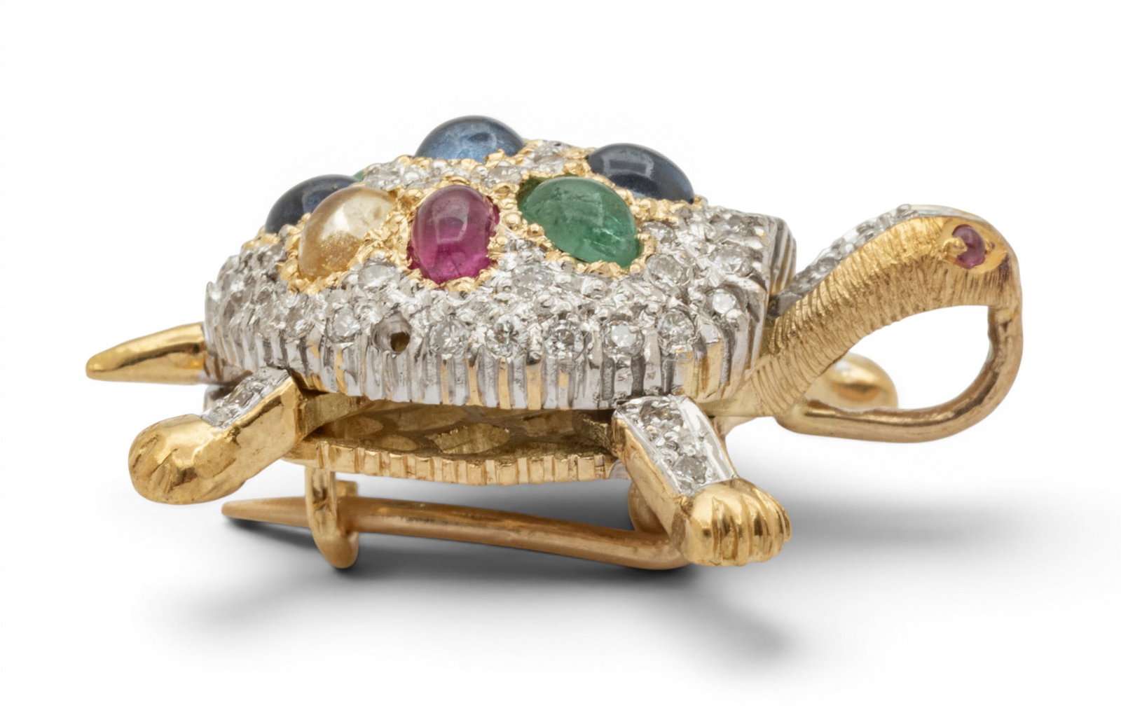 18k White and Yellow Gold, Diamond, and Gem Set Turtle Brooch H 1" 5.2 g - 8